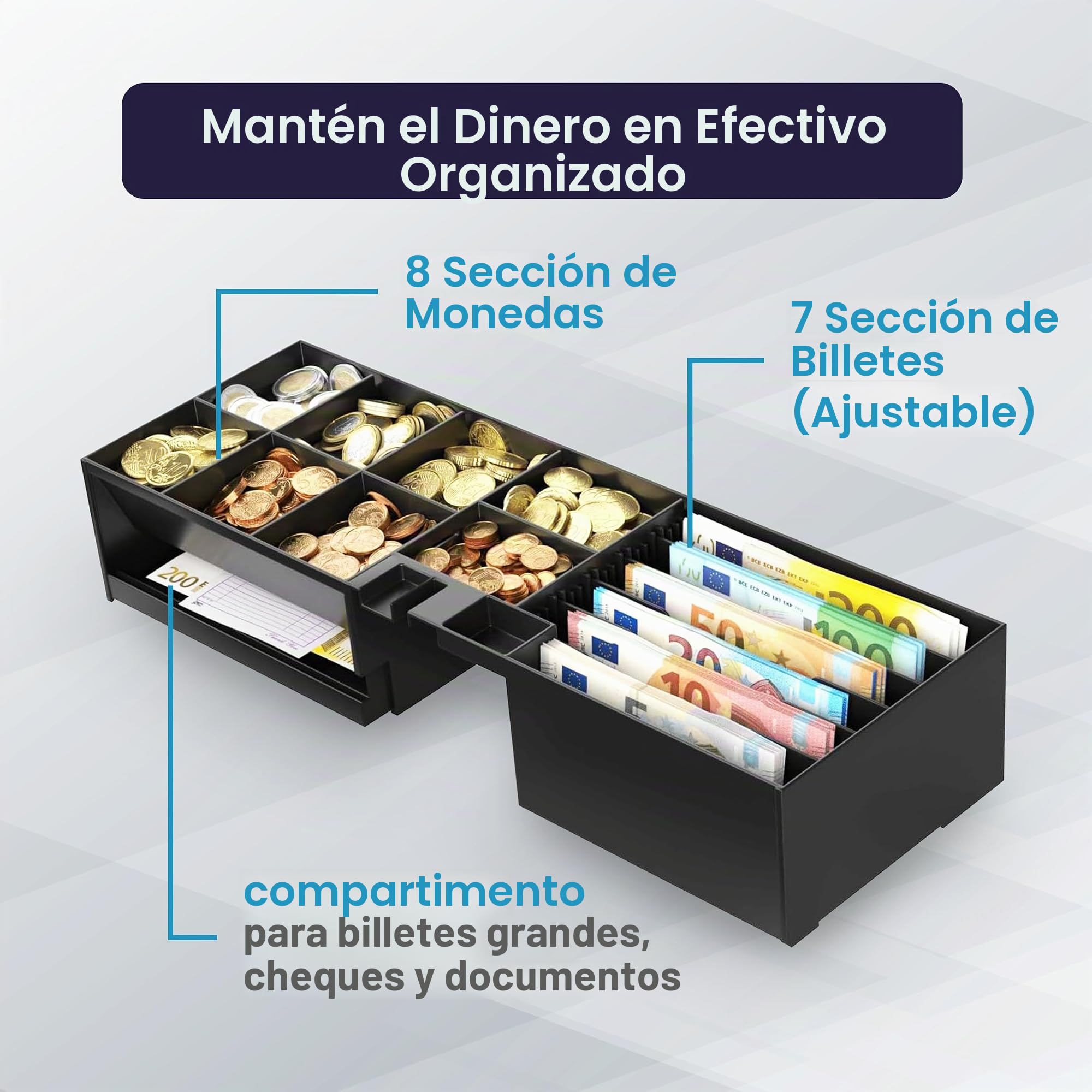 Interior con tapa y cerradura para cajón de efectivo flip-top apertura vertical automática para impresora POS y caja registradora, 5 billetes - 8 monedas - Universal