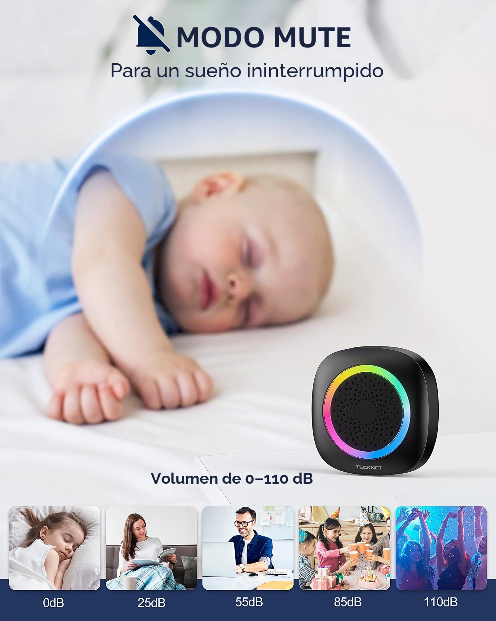 TECKNET Timbre Inalámbrico con Pilas, RGB Timbre Inalámbrico Exterior Impermeable IP66 con 3 Receptores, 400M Alcance, 5 Niveles de Volumen y 60 Melodías para Casa, Hotel, Oficina, Emergencia