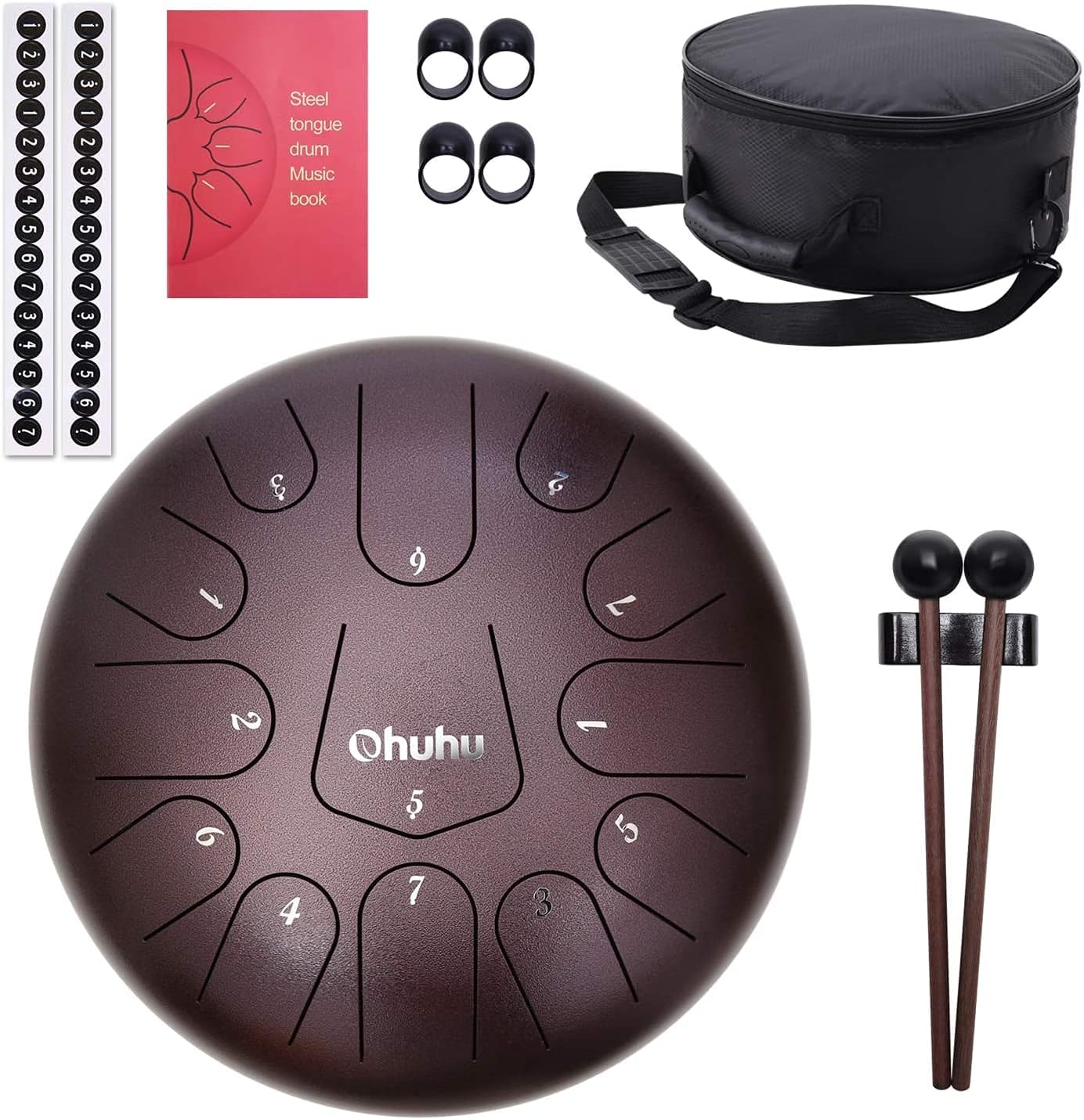 Ohuhu 12 Inch Steel Tongue Drum 13 Notes C Major for Kids and Adults with Rubber Mallets, Finger Picks and Padded Travel Bag
