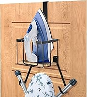 Vista 2 de TJ.MOREE Soporte de pared/sobre la puerta para tabla de planchar con gran cesta de almacenamiento, soporte para plancha y tabla de planchar