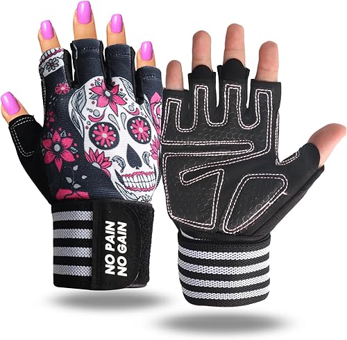 Guantes de levantamiento de pesas para mujer, entrenamiento de gimnasio con soporte de muñeca, guantes acolchados de medio dedo para ejercicio de