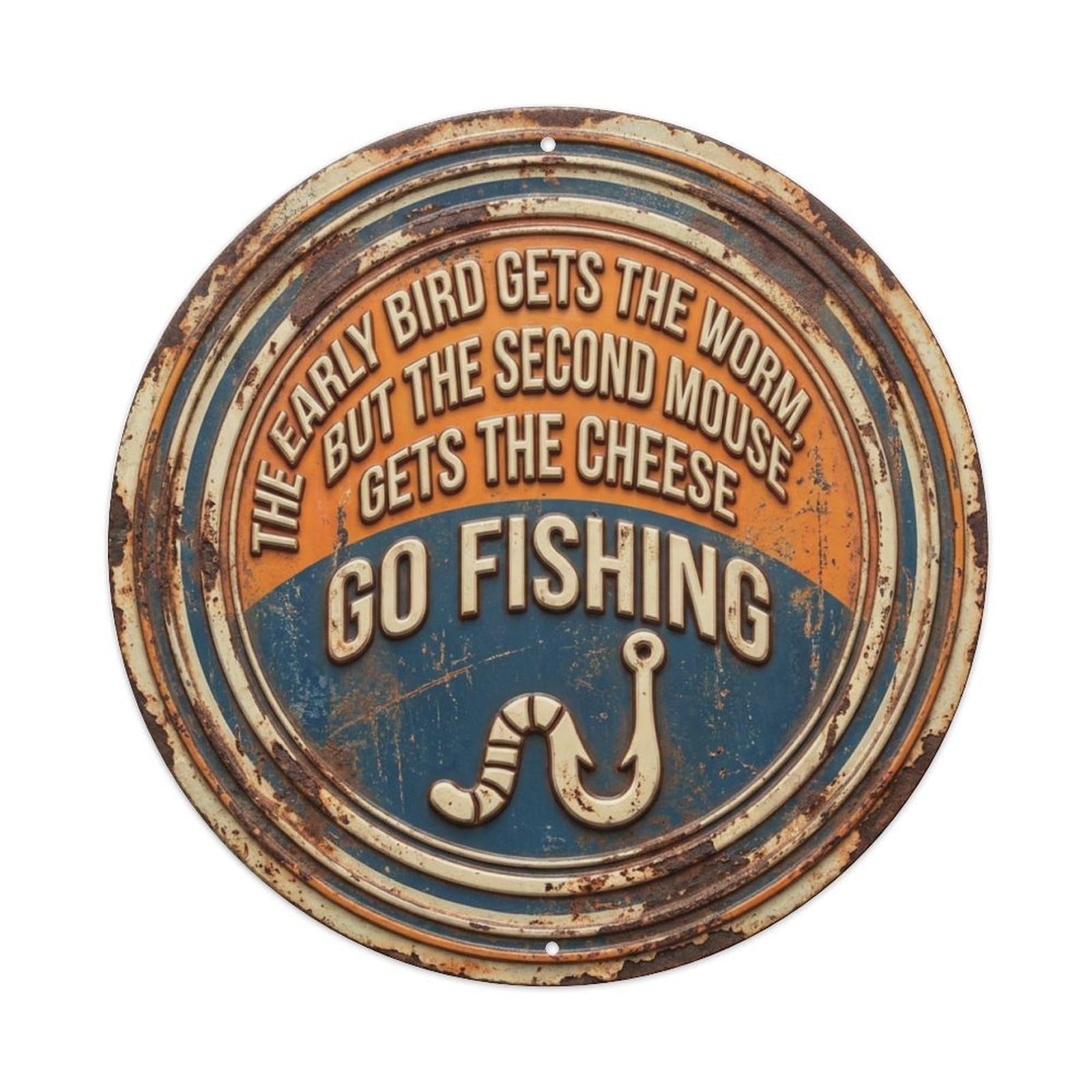 Early Bird Gets Worm Fishing Classic Garage Ornament Retro Slogans Vintage Metal Tin Sign Plaque Wall Decor for Cafe, Club, Garden Round Metal Poster 8x8Inch