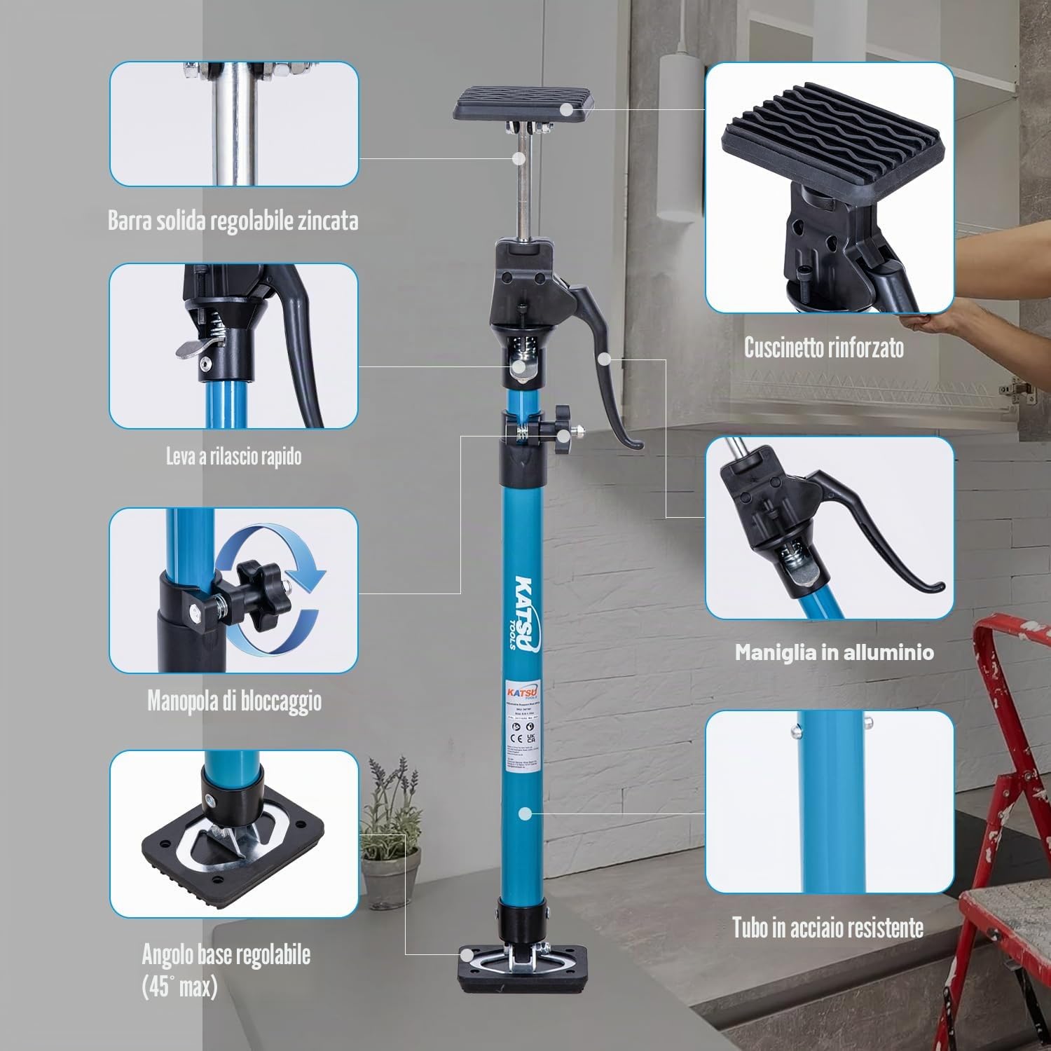 KATSU Tools Supporto telescopico per soffitto, confezione da 2, 125-290 cm, in acciaio, capacità di carico 40 kg, per posizionamento, tenuta e fissaggio di cartongesso