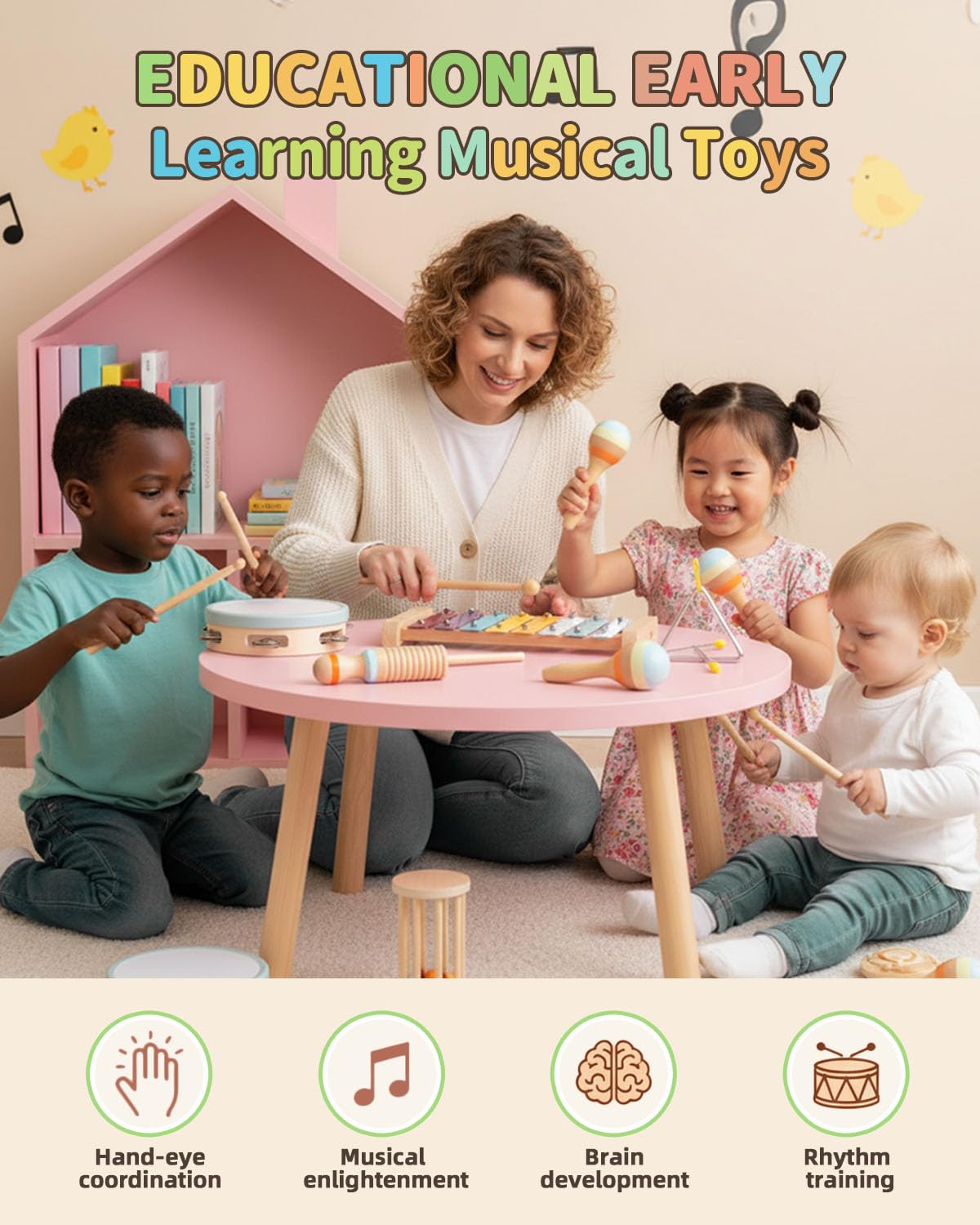 Maraiss Wooden Musical Instruments Set for Kids 10-Piece Natural Percussion Toys with Xylophone & Maracas - Image 3