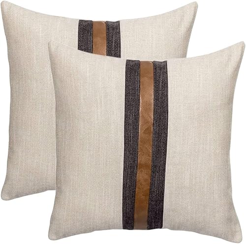 Vista 19 de BOYSUM Juego de 2 fundas de almohada de cuero, decoración de exteriores, de lino marrón, de imitación de piel sintética, para sofá, café, 16 x 16