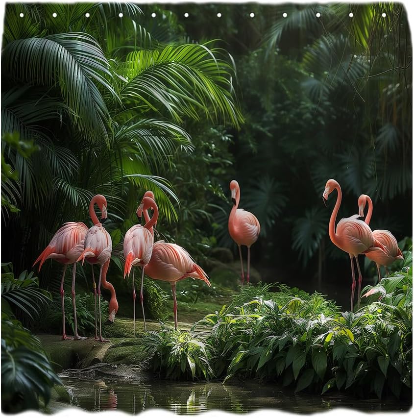 Flamingo Shower Curtain Pink Floral Butterfly Tropical Forest Wildlife Flamingo Bird Dreamy Nature Scenery Bathroom Decor Fabric Curtain with Hooks, 6770GB-180x243