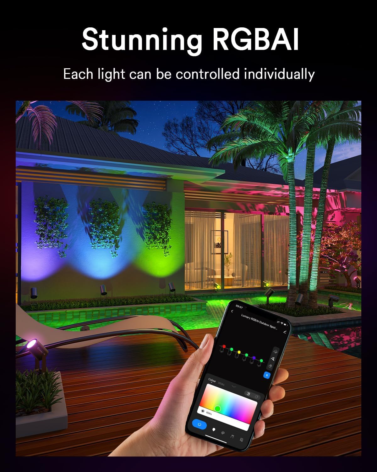 Smartphone screen showing the Lumary app interface for controlling individual landscape lights.