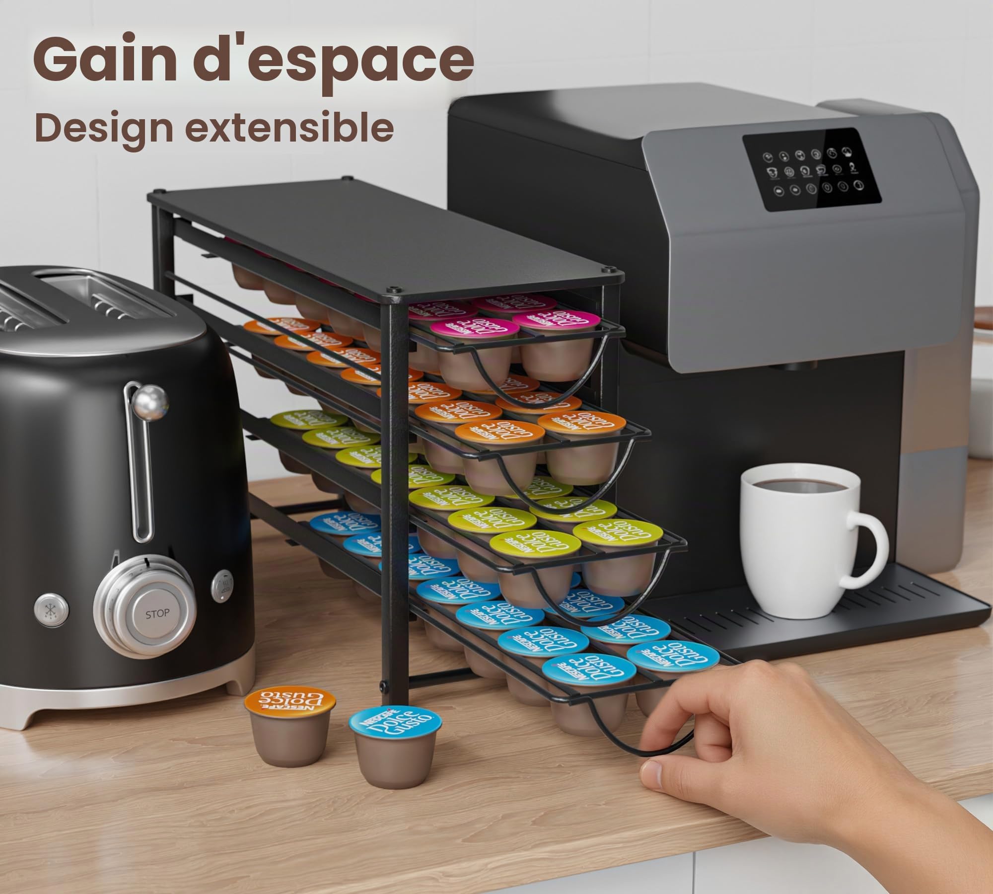 Rangement pour capsules Dolce Gusto 56 capsules de café, 4 tiroirs en métal silencieux avec pieds antidérapants, adapté pour la cuisine et le bureau