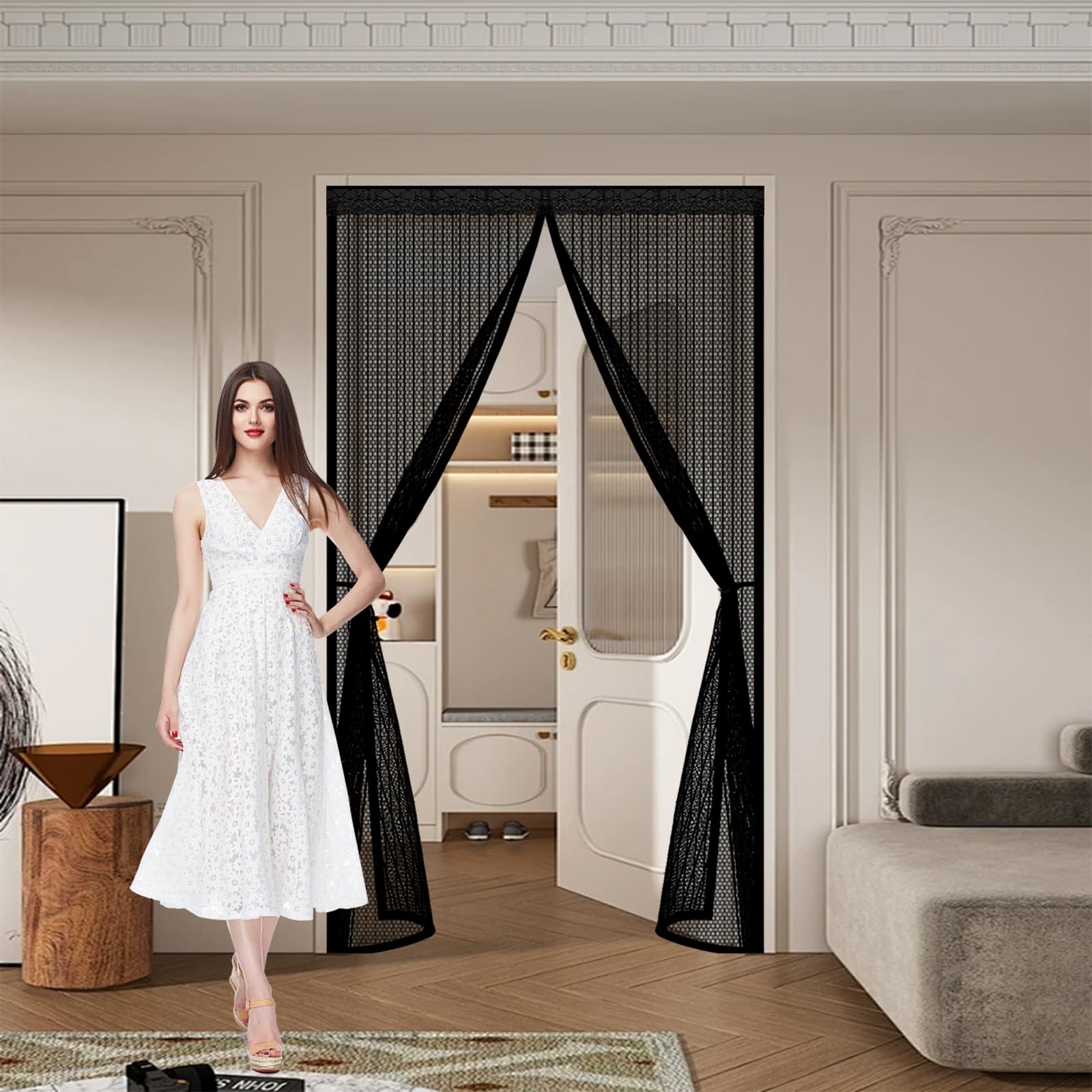 Magnetic Screen Door 75 x 235 cm Keep Bugs Out, Full Frame Magic Tape, Powerful Magnets, Self Sealing, No Drill Installation, Magnetic Insect Door for Balcony Bedroom Doors, Black