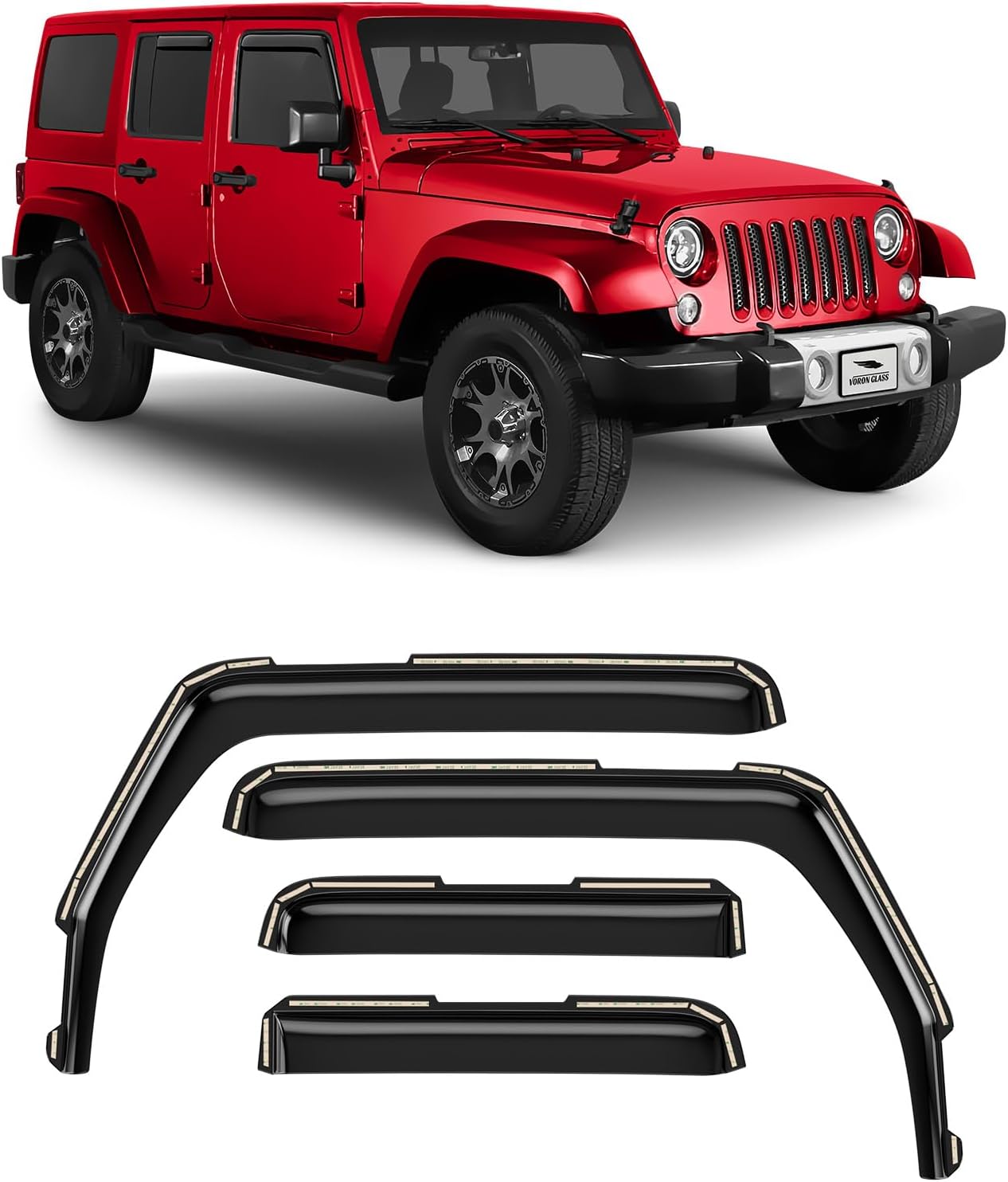Voron Glass in-Channel Extra Durable Rain Guards for Jeep Wrangler JK 2007-2018, Window Deflectors, Vent Window Visors, 4 Pieces - 220246