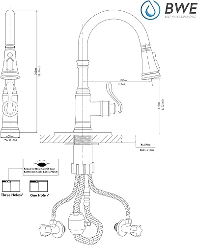 Miniatura 9 de BWE Grifo de cocina negro con rociador desplegable y mango único dorado, arco alto, 3 modos de pulverización, grifo de fregadero de cocina