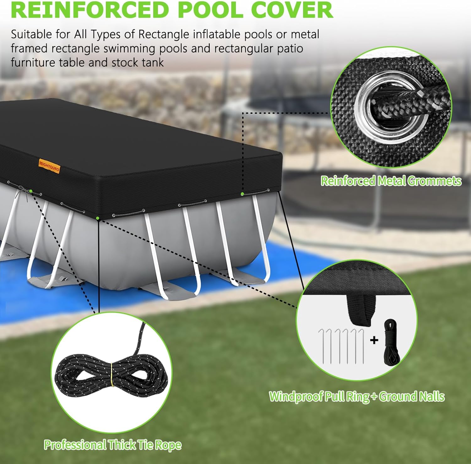 Rectangular Pool Cover for Above Ground Pools,Solar Oval Pool Cover Protector with Ground Nails and Windproof Ropes Increase Stability,Waterproof and Dustproof (7x13Ft, Black)