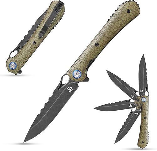 Sitivien ST145 - Cuchillo de bolsillo plegable, hoja de acero 14C28N lavada a la piedra negra, cuchillo de herramienta EDC con mango de micarta para