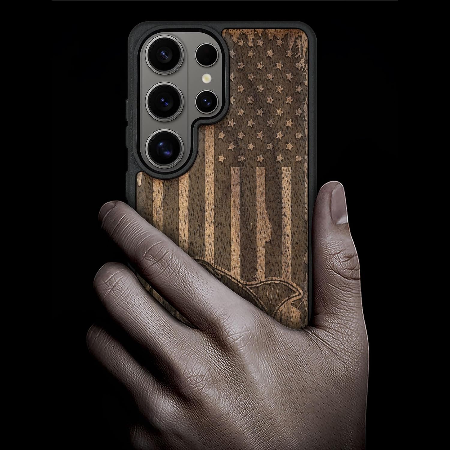 Carveit Magnetic Wooden Case for Samsung Galaxy S26 Ultra Case 2026, TPU Shockproof Cover & Wood Artisan Engraved, Compatible with MagSafe Wireless Chargers (Patriotic Shark Attack) Walnut