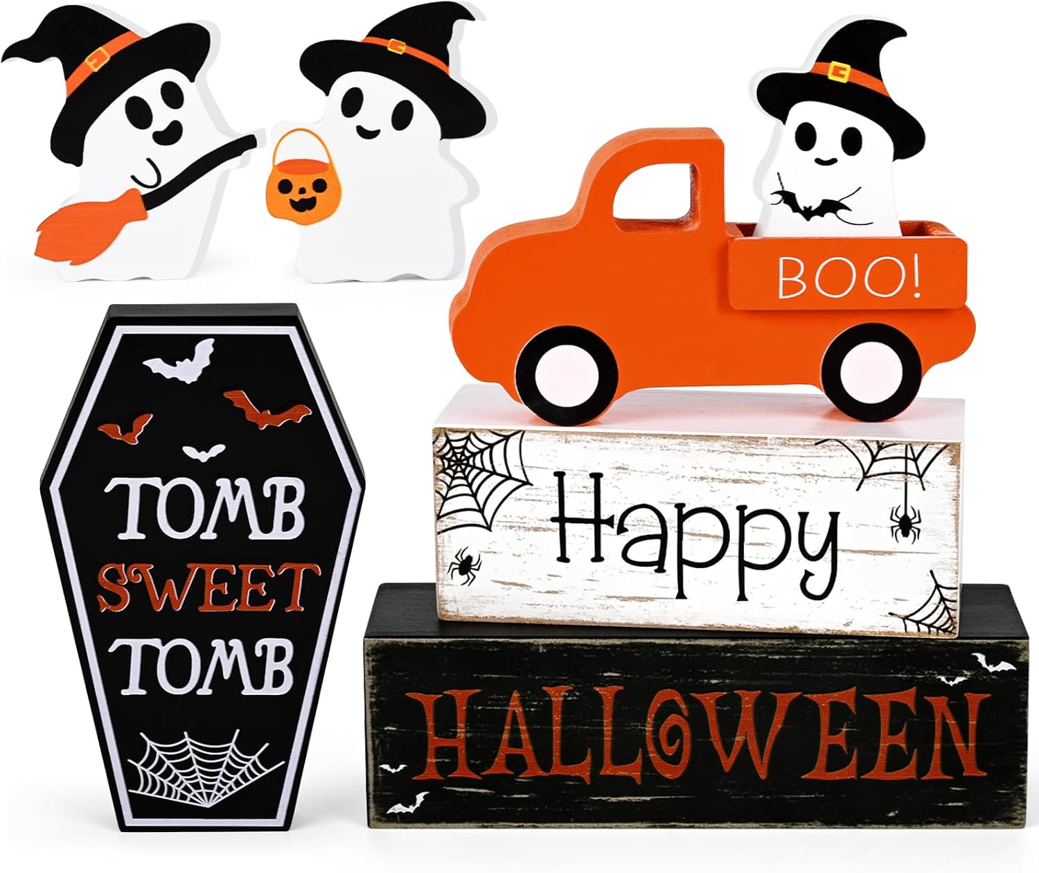 ASPMIZ Halloween Decorations Indoor, Ghost Decor Truck Decorations with Coffin Wooden Block Signs, Halloween Decor for Tiered Tray, Mantle, Desk, Bookshelf, Farmhouse Rustic Wooden Decors, Gift