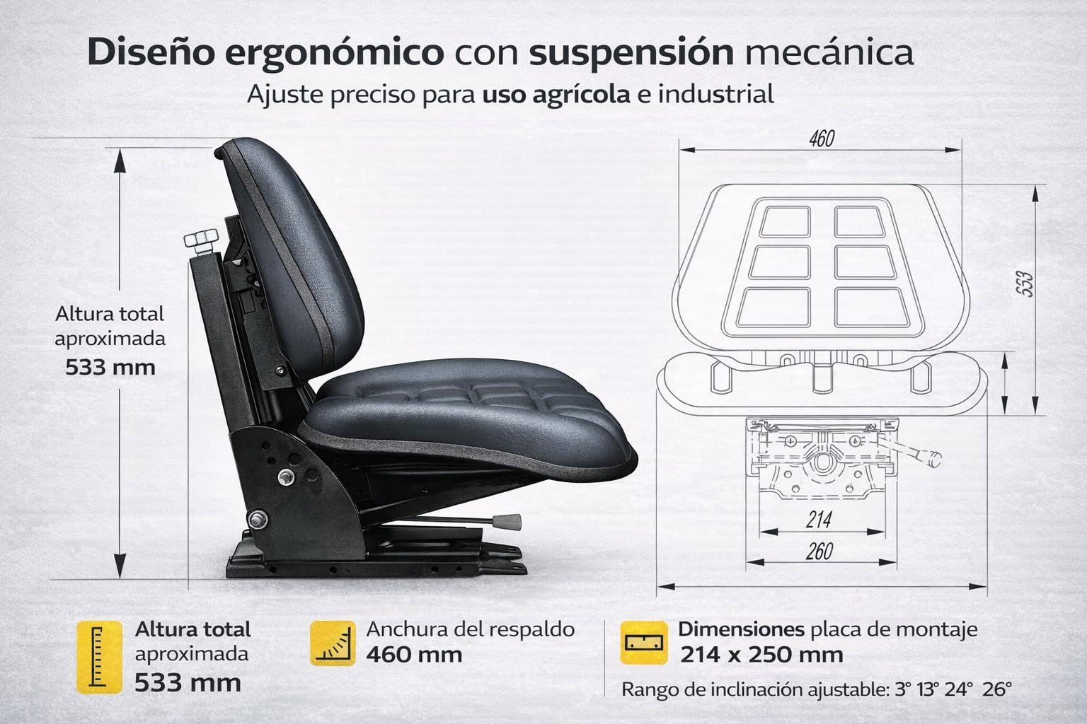ASIENTO UNIVERSAL TRACTOR PVC NEGRO RM30 | Para Maquinaría Agrícola, Excavadoras, Maquinas Industriales, Maquina Ganadera, Motos Agrícolas, Asiento Segadora, Montacargas, Carretillas Elevadoras
