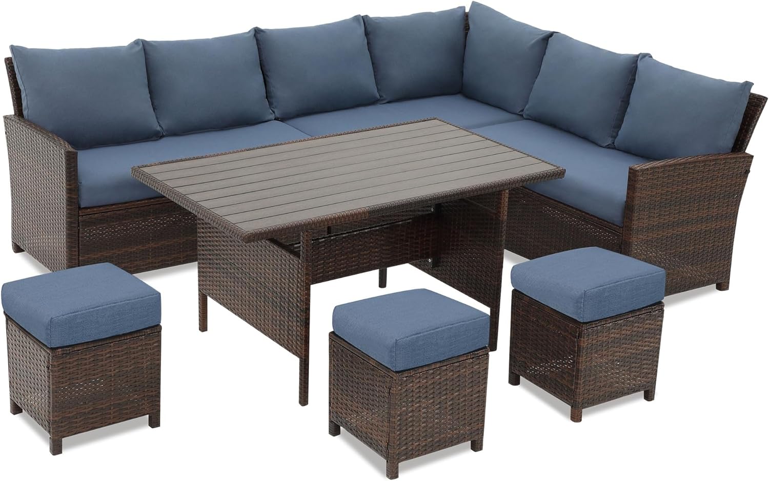 7 Pieces Patio Furniture Set Outdoor Furniture Sectional High Back Wicker Patio Conversation Sets with Cushions Dining Table for Backyard Porch Balcony Poolside