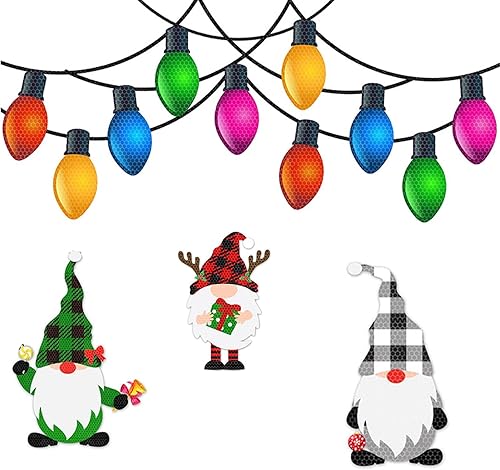 Vista 13 de Ajxn 20 calcomanías de Navidad para automóvil, bombillas grandes y pequeñas, calcomanías reflectantes de decoración de Navidad, líneas divertidas