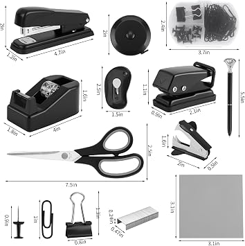 Black Desk Accessory Kit Cute Office Supplies Set Desktop Stapler Set Includes Staple Remover Hole Punch Tape Dispenser Ballpoint Pen Scissor Mini Box Cutter Tape Measure Paper Clips Sticky Notes