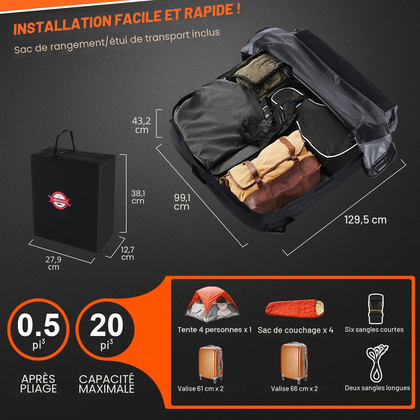 Sailnovo Sac de Toit de Voiture pour Voyage, Coffre de Toit Souple Pliable 580 L/20 Cubes pour Voitures avec/sans Barres de Toit, Rangement sur Le Toit avec 6+6 Sangles renforcées et Sac de Transport