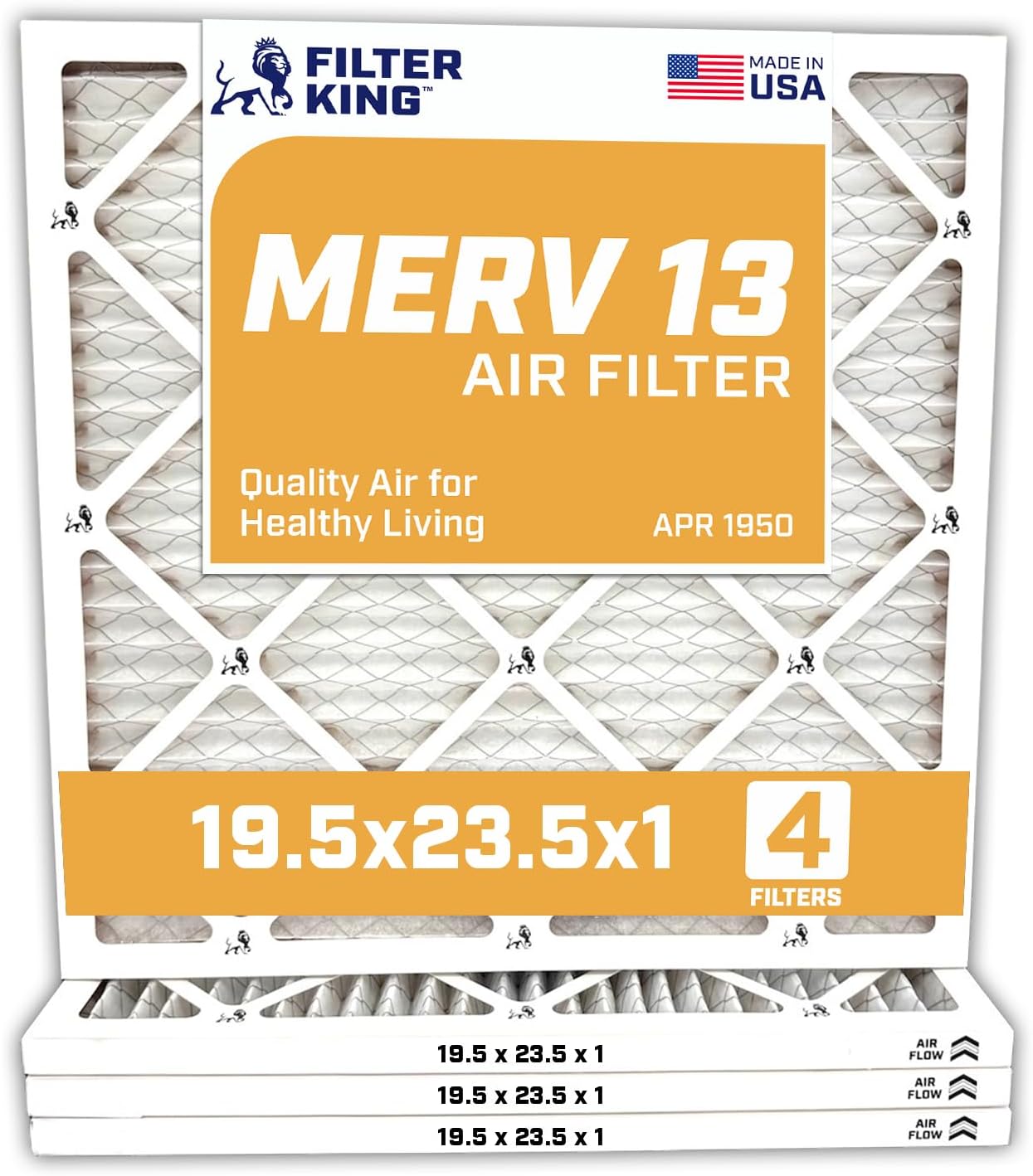 Filter King 19.5x23.5x1 Air Filter | 4-PACK | MERV 13 HVAC Pleated A/C Furnace Filters | MADE IN USA | Actual Size: 19.5 x 23.5 x .75"