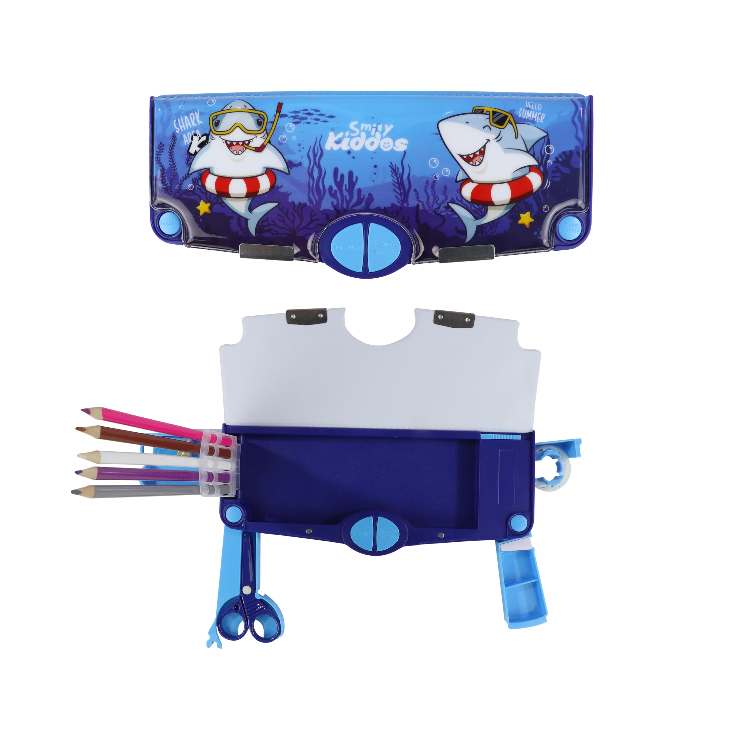 Smily Kiddos Multi Functional Pop Out Pencil Box for Kids Stationery for Children | 24.5 x 4 x 10cm | - Shark Theme - Blue