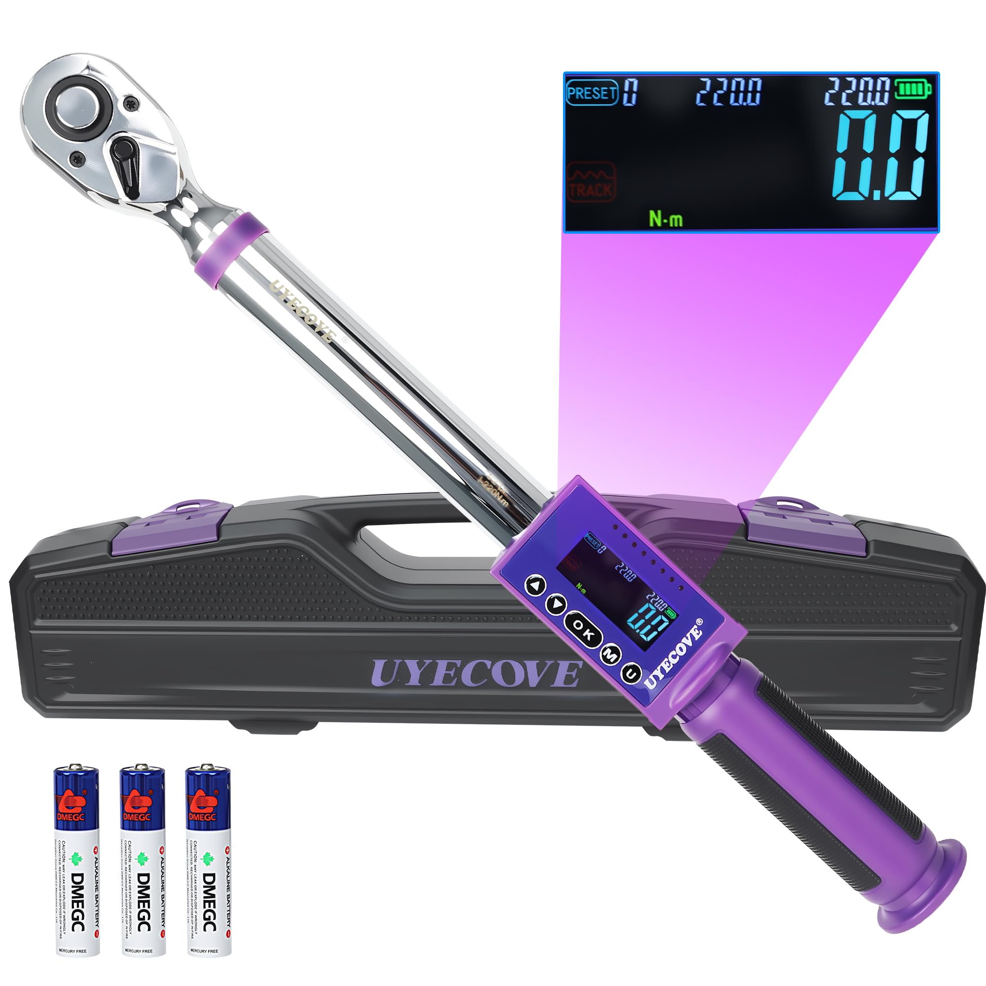 Llave dinamométrica digital de 1/2, 11-200 N.m, ± 2% de alta precisión, llave dinamométrica digital, con vibración, zumbador y alerta LED
