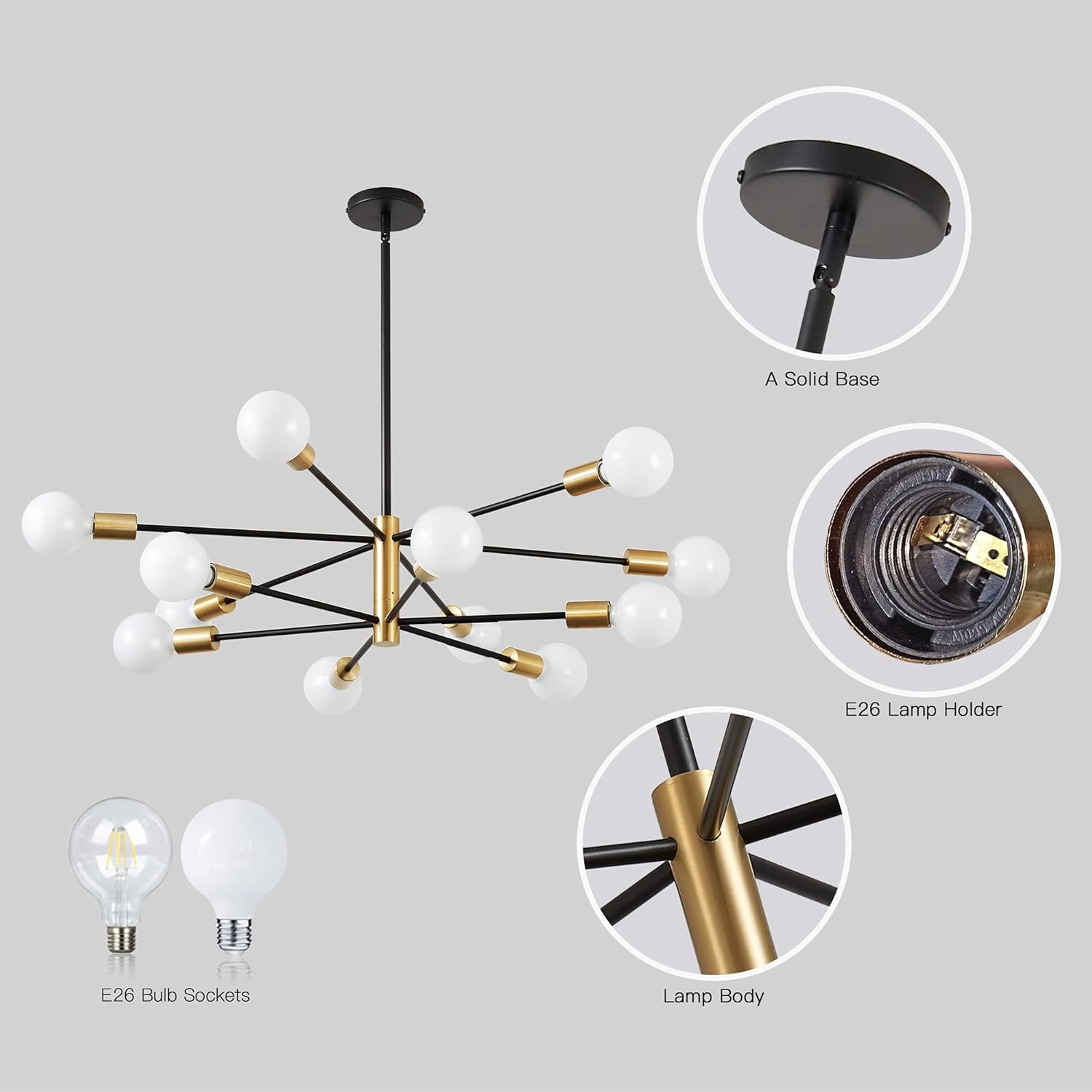 12-Light Black and Gold Sputnik Metal Chandelier