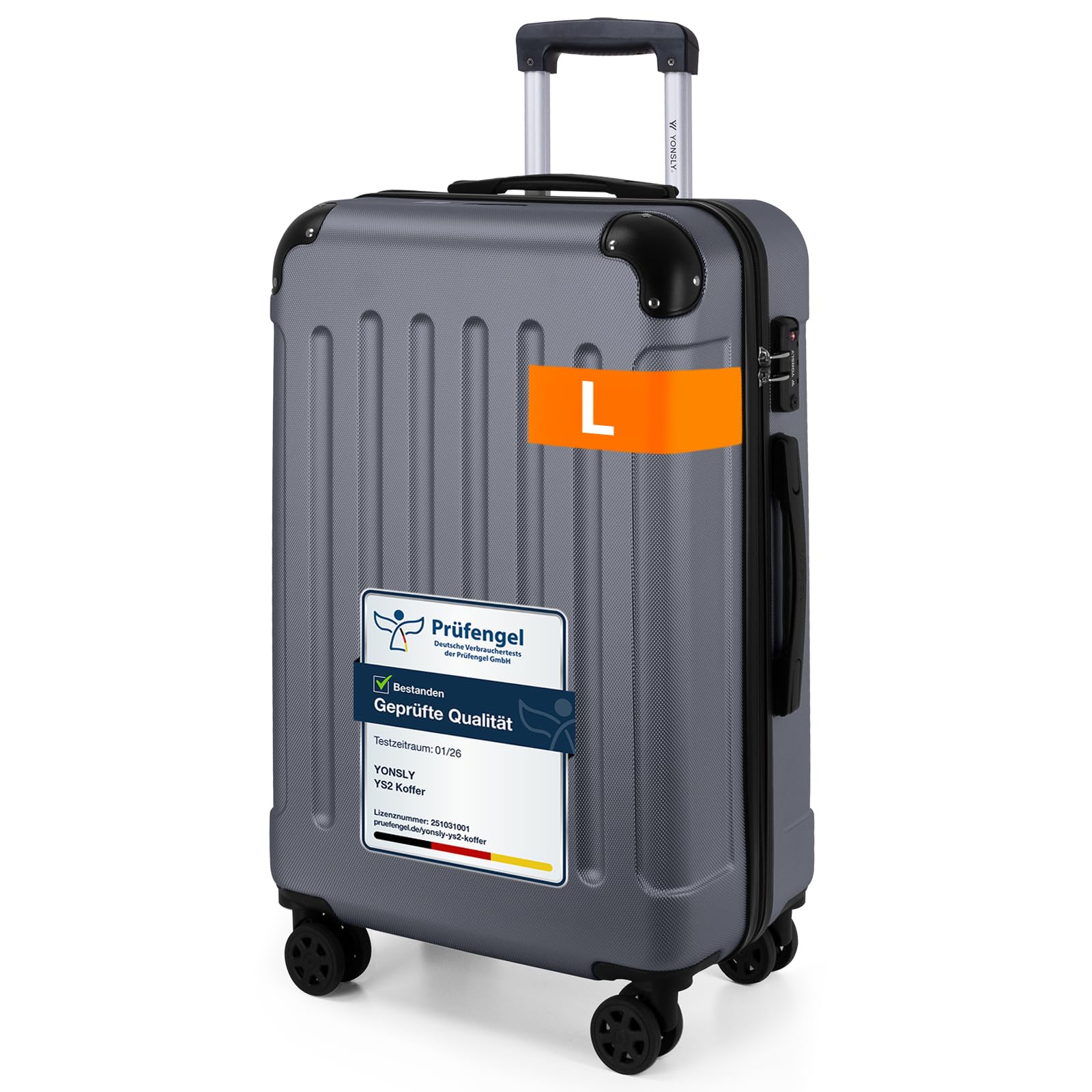 YONSLY Gepäck Reisekoffer, Trolley Rollkoffer Handgepäck, Hartschalenreisekoffer mit 360° Lenkrollen, Zahlenschloss, Mehrstufiger Teleskopgriff