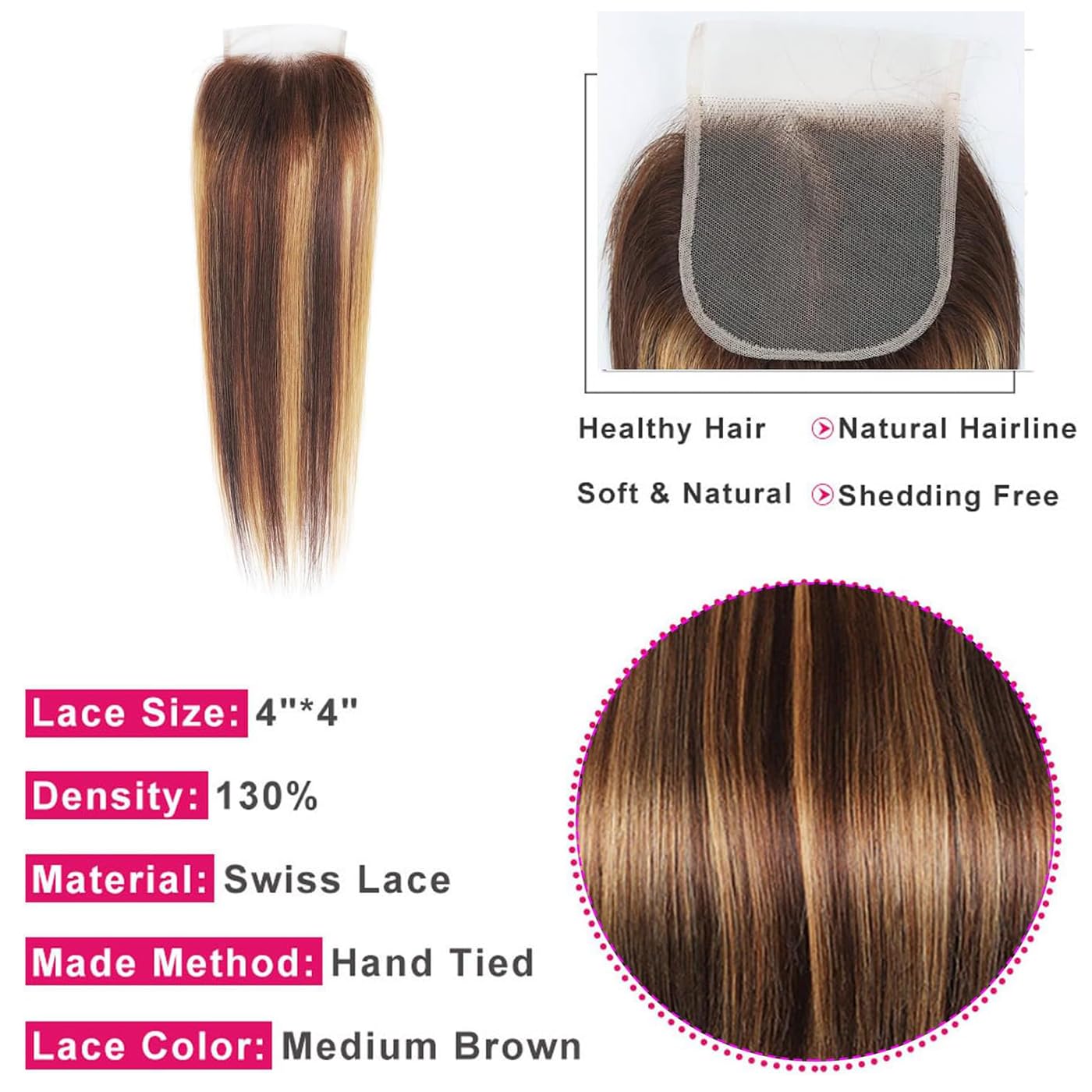Highlight Closure Human Hair 4x4 Lace Closure Straight Ombre Color Chocolate Brown to Caramel Blonde Remy Hair Lace Closure With Natural Hairline Free Part 18 inch(18 inch #P4/27) - Image 2