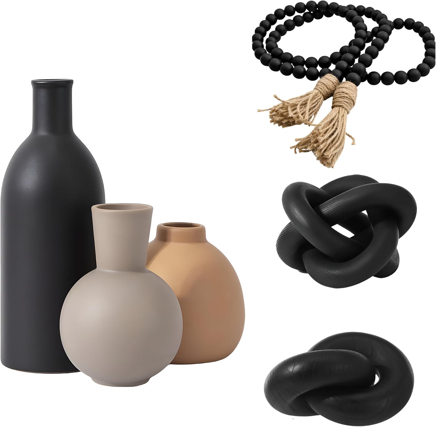 5 Pcs Farmhouse Home Decor Set with Ceramic Vase and Link Wood Knot Decor Coffee Table Decoration Boho Rustic Pottery Vases for Home Living Room Bedroom Bouquet