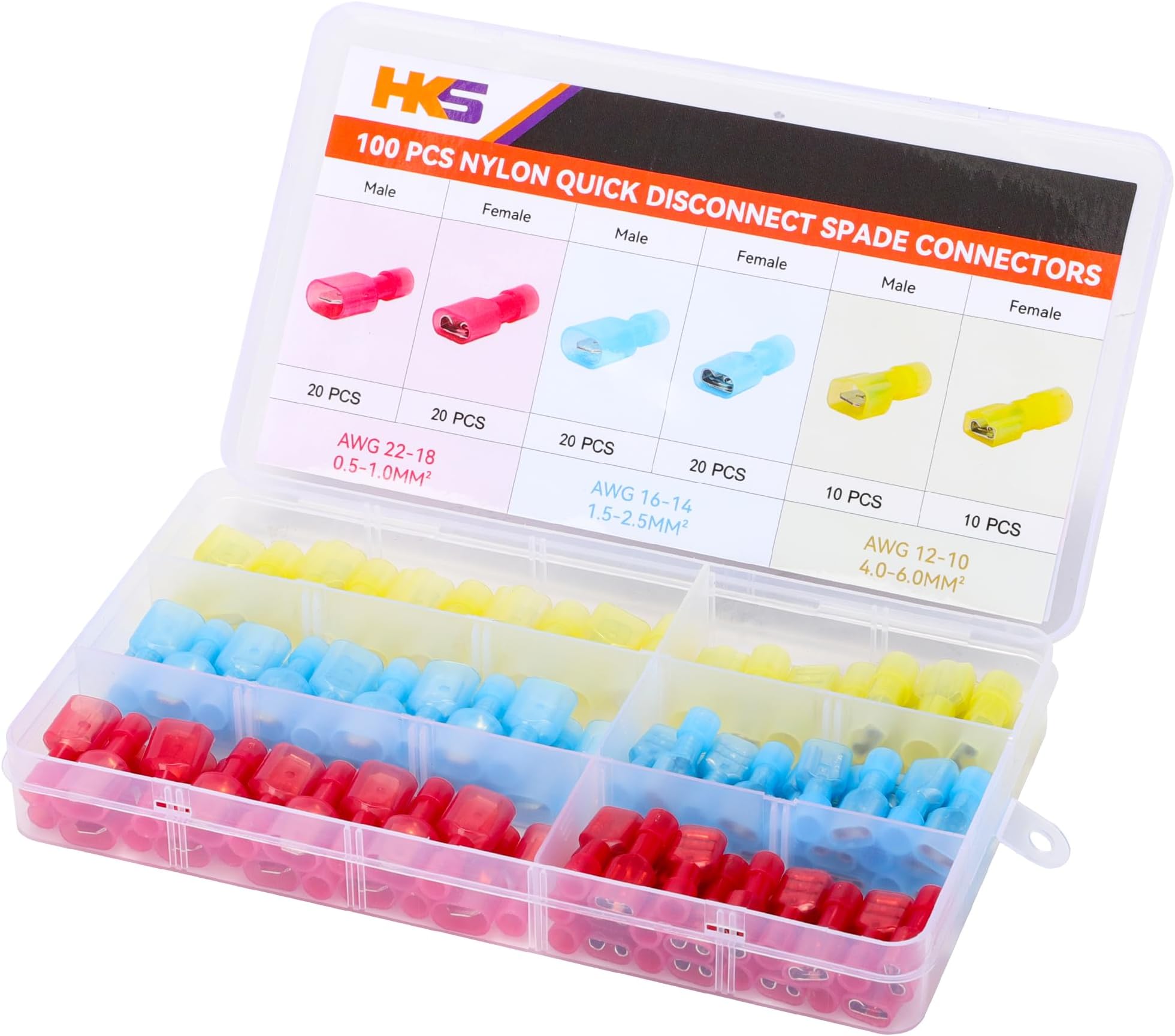 HKS 100PCS (50 Pairs) 22-10 AWG Insulated Male & Female Nylon Spade Connectors – Quick Disconnect Wire Terminals, Tin-Plated Crimp Kit for Automotive, Marine, Electrical Wiring