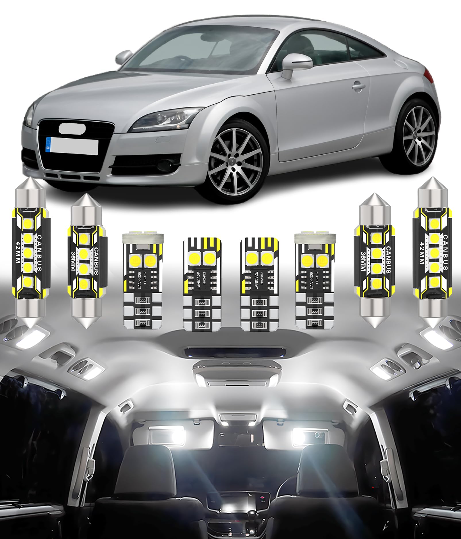 BMT xms 10pz Kit di Luci LED per Interni per AUDI TT MK1 8N Coupe Roadster 1998-2006, Lampadine LED per Interni Auto e Camion 6000K Bianco Luminoso