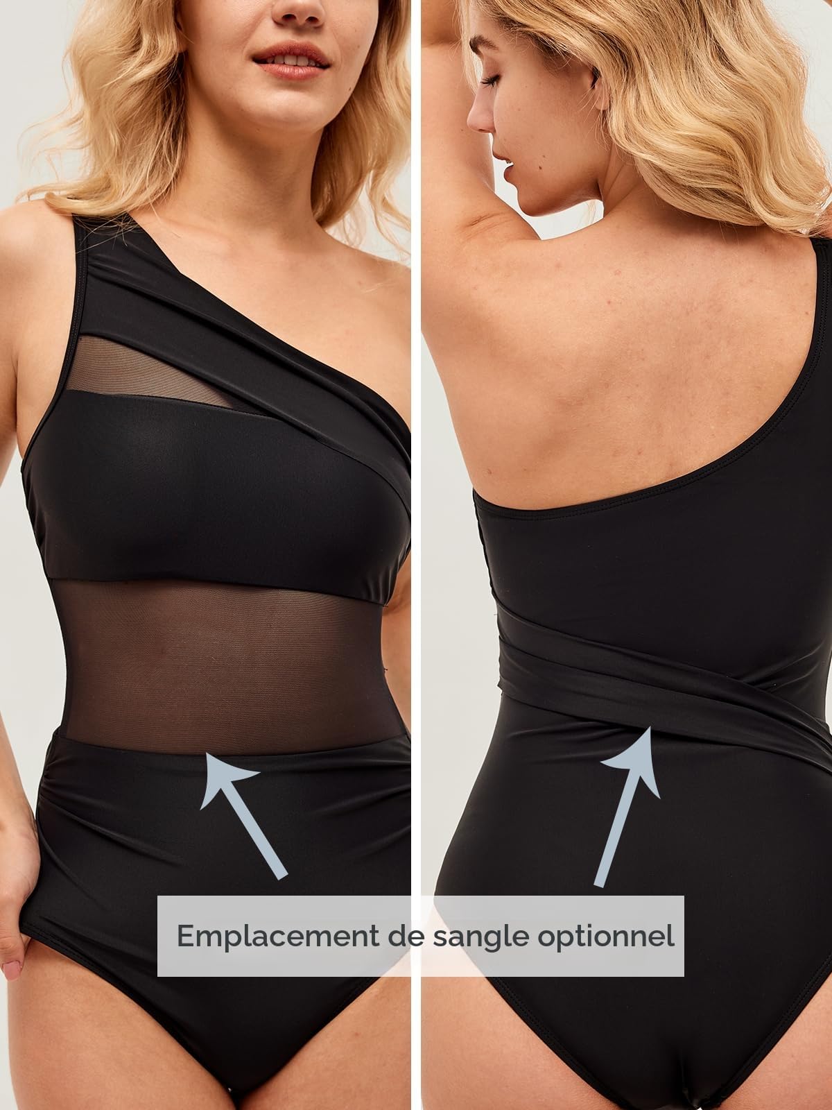 CUPSHE Maillot de bain une pièce pour femme - Contrôle du ventre - Col asymétrique froncé - Bretelles en maille