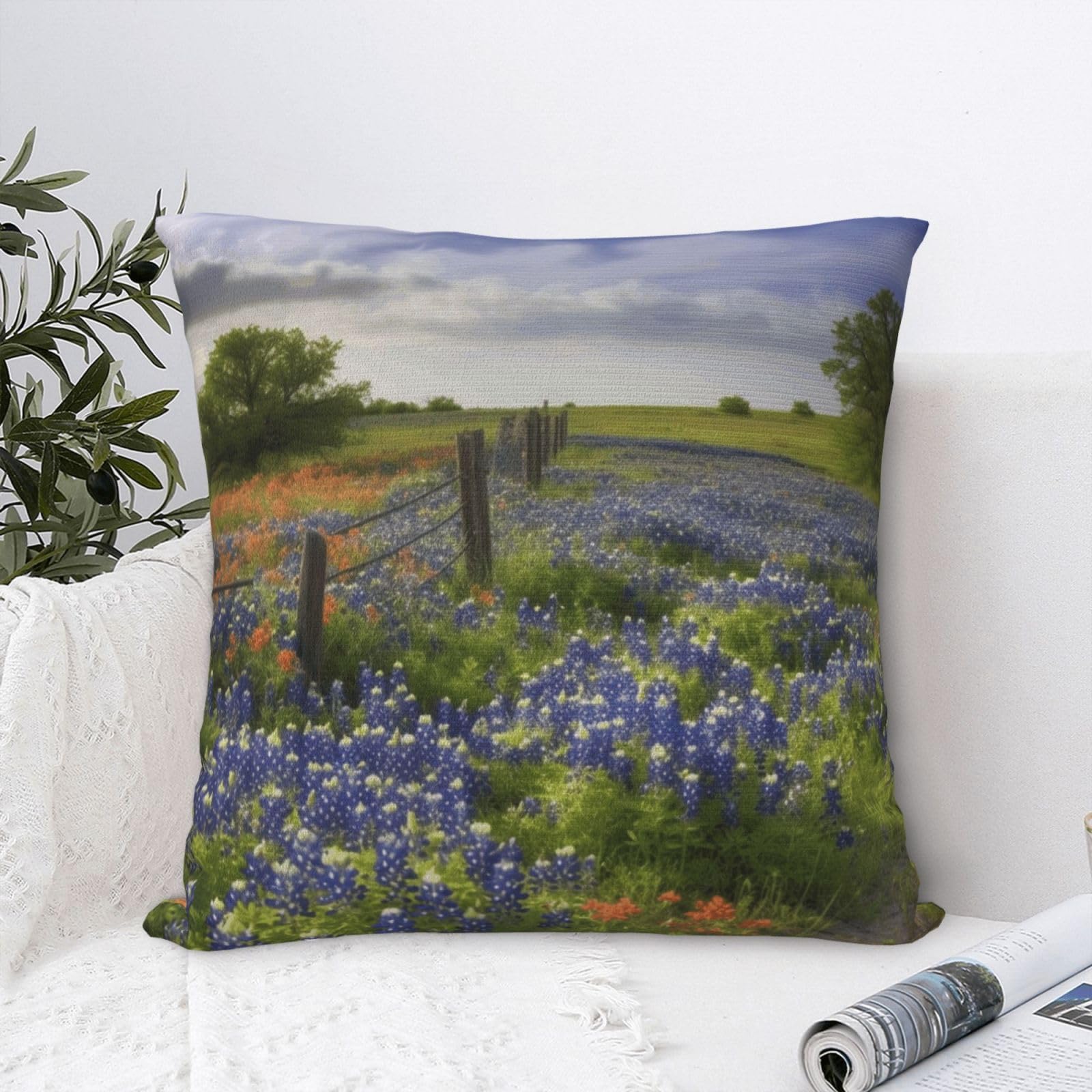 FodPand Luxury Velvet Throw Pillow Covers 20"x20" Super Soft Decorative Pillow Cases - Texas Bluebonnets Scenery Pillowcases Modern Lumbar Cushion Cases for Couch Sofa Bed Pillow Shams