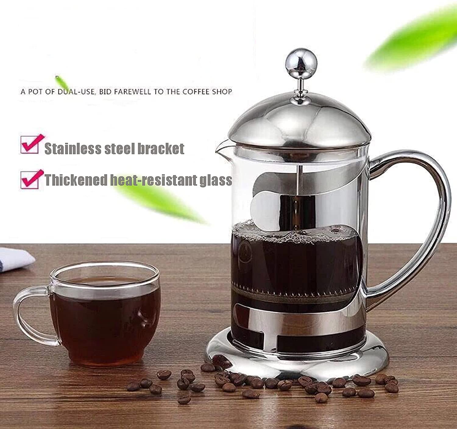RWRAPS Cafetera de Prensa Francesa con Filtro de 3 Niveles, prensador de café de Acero Inoxidable de borosilicato Resistente al Calor, cafetera y Tetera, 600 ml (300 ml)