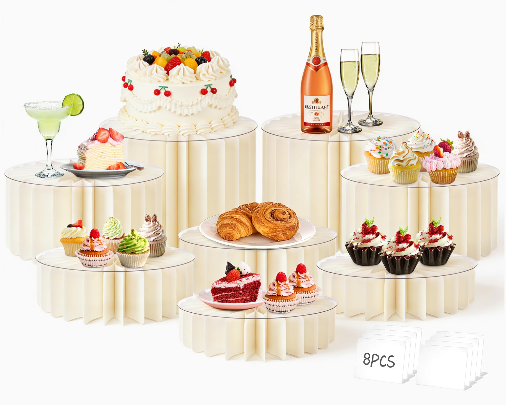 Photo 1 of 8Pack Buffet Risers Display Stands Foldable Food Risers for Buffet Table Tall Cake Cupcake Stands Cardboard Cylinder Stand Dessert Table Display Set for Catering Jewelry Wedding Party Decor (White)