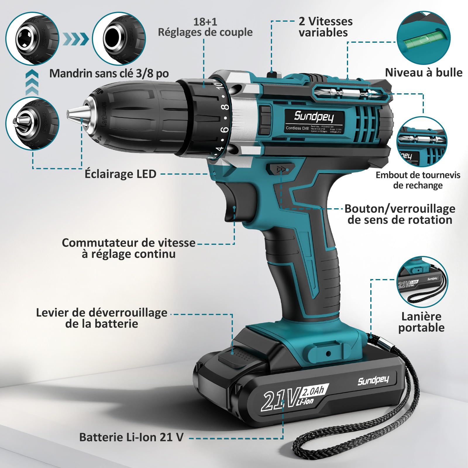 Sundpey Visseuse Devisseuse Sans Fil 21V - Perceuse Visseuse Sans Fil avec 2 Batteries 2,0Ah, 1500RPM 45Nm Max Visseuse Electrique, 2 Vitesses, 18+1 Réglages de Couple, LED, pour Bricolage à Domicile