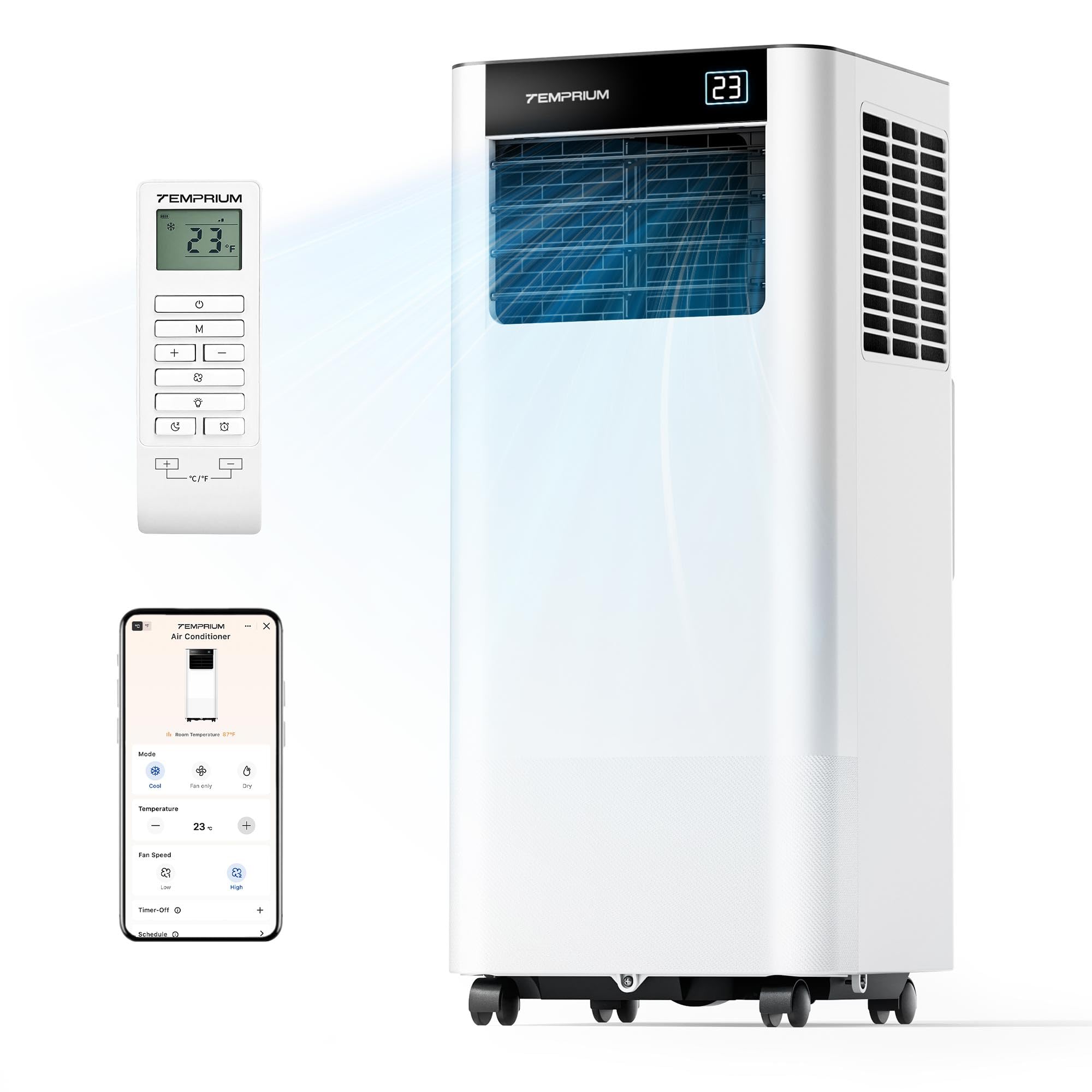 Mobile Klimaanlage 9000BTU 2,6Kw mit Abluftschlauch | 3-in-1 Mobiles Klimagerät | Fensterabdichtung | APP-Steuerung + Fernbedienung | Leiser Betrieb | 24h-Timer | Für Räume bis 25m²