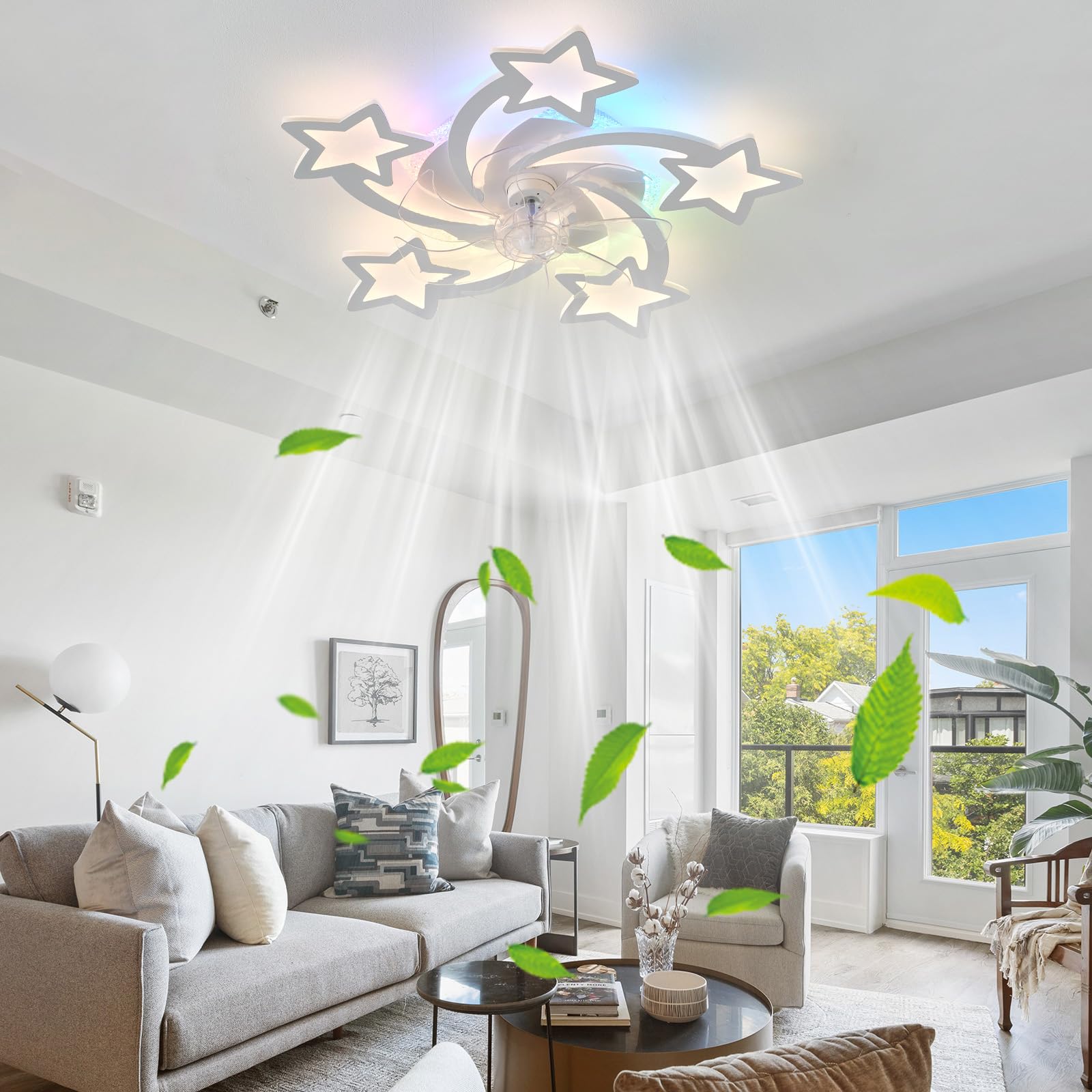 Ventilador De Techo Con Luz Silencioso Blanco Motor DC 30W LED RGB 100W Con Control Remoto Reversible Lampara Ventilador Techo 6 Velocidades Para Niños Dormitorio Salon Con Temporizador