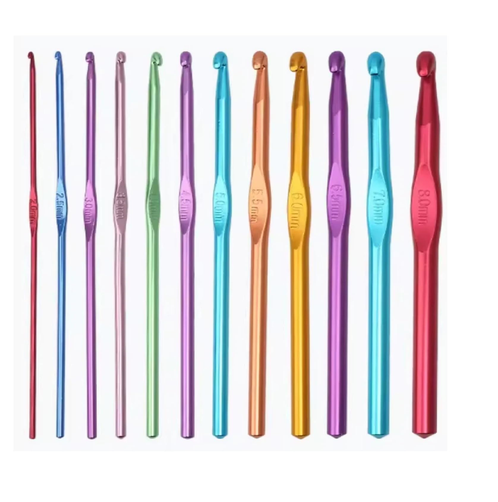 Crochet Hooks Set Aluminium 12pcs Needles 2mm 2.5mm 3mm 3.5mm 4mm 4.5mm 5mm 5.5mm 6mm (1/4 Inch) Wide 6.5mm 7mm 8mm in a Plastic Partitioned Wallet High Quality Coloured Aluminium Crochet Needles