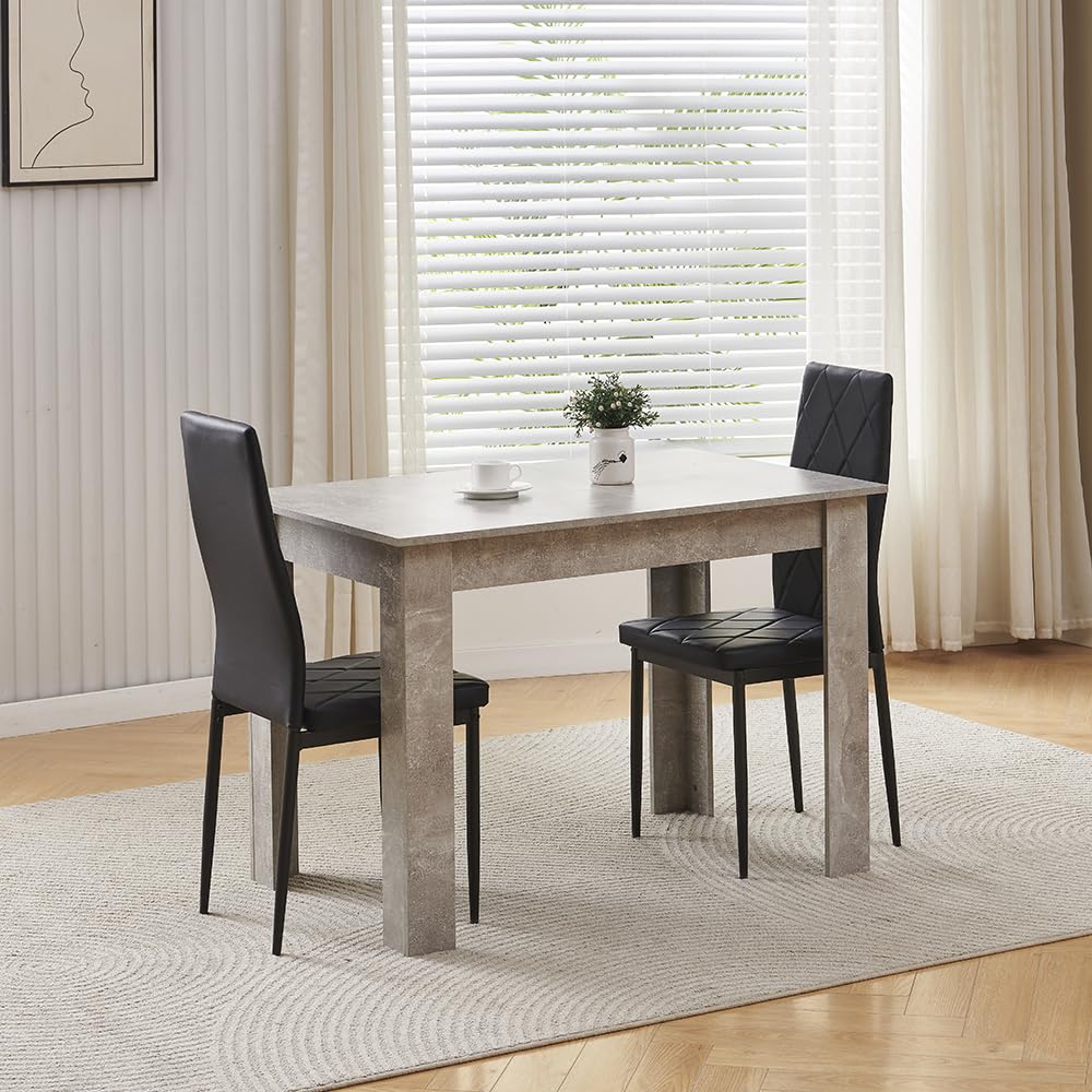 Homullel 110cm Dining Table and 2 Chairs, 2 Seater Kitchen Table and Chairs Set for Space Saving, Compact Dining Room Set for 2, 110x70 cm, Wooden, Beton Grey (2 Seaters, PU Black #2)