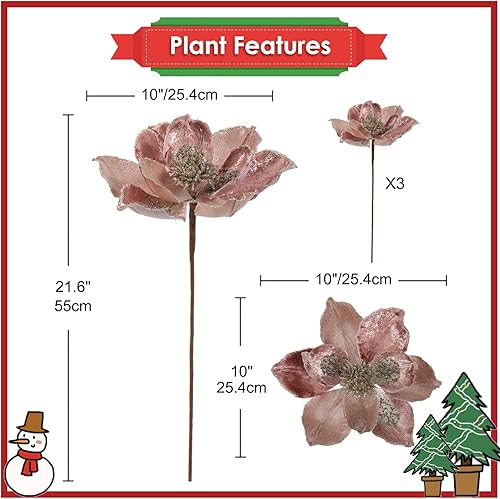 Miniatura 2 de Briful Juego de 3 flores artificiales gigantes de 10 pulgadas con purpurina de magnolia con tallos largos para decoración navideña del árbol de