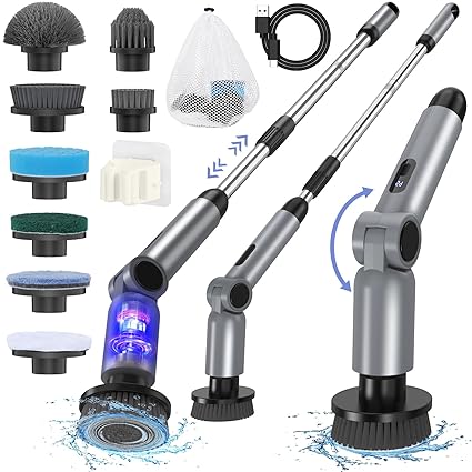 Homtronics Electric Spin Scrubber, [IPX7 Waterproof ] [50KG Torque] Shower Scrubber with 9 Brush Heads, 3 Speed Mode, 4 Adjustable Angles, Electric Scrubber for Cleaning for Bathroom Floor Tile