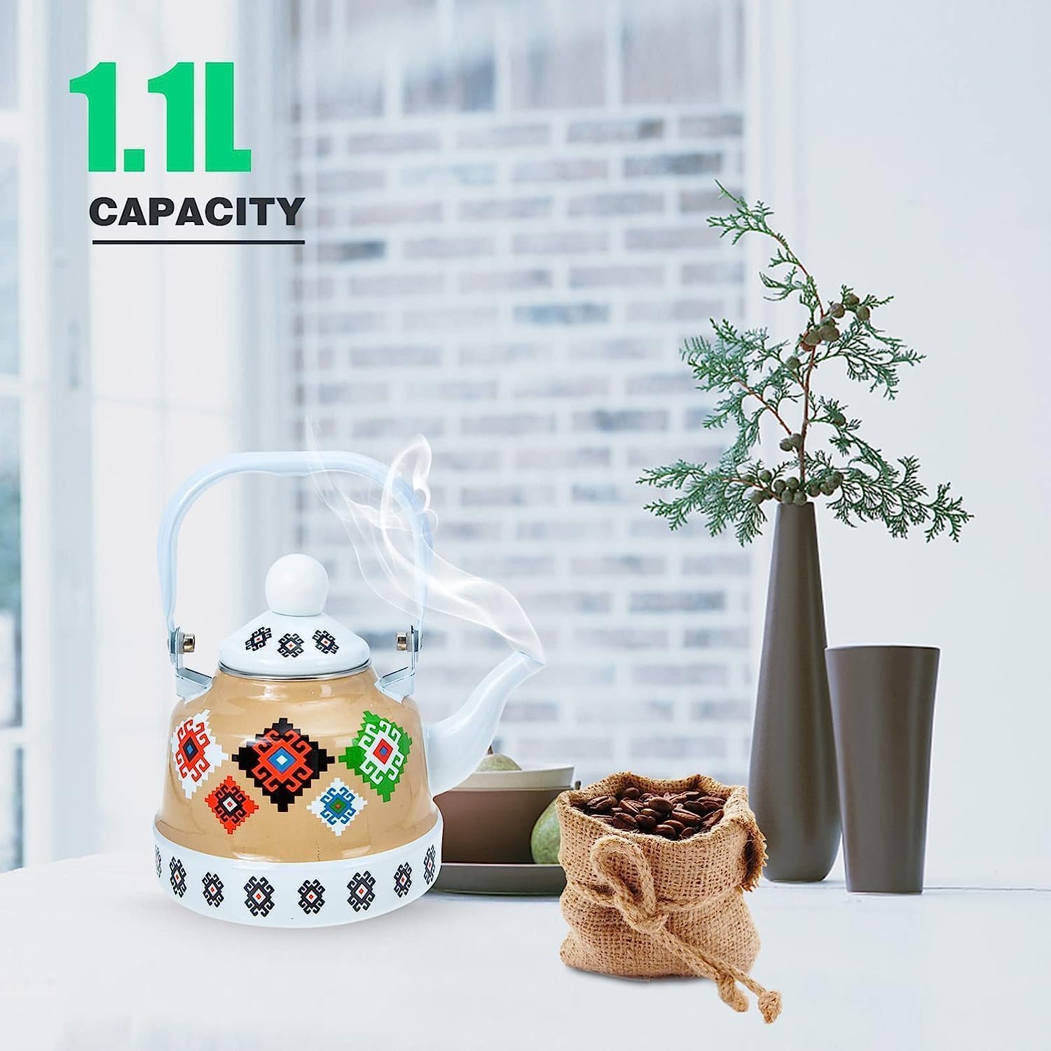 Enameled Teakettle, stove top kettle,Retro Decor Enameled Teakettle,Colorful Hot Water Tea Kettle,1.1L Vintage Teakettle Decorative Enamel Tea Kettle Flower Teapot Gas Stove Kettle Water Boilng Pot f