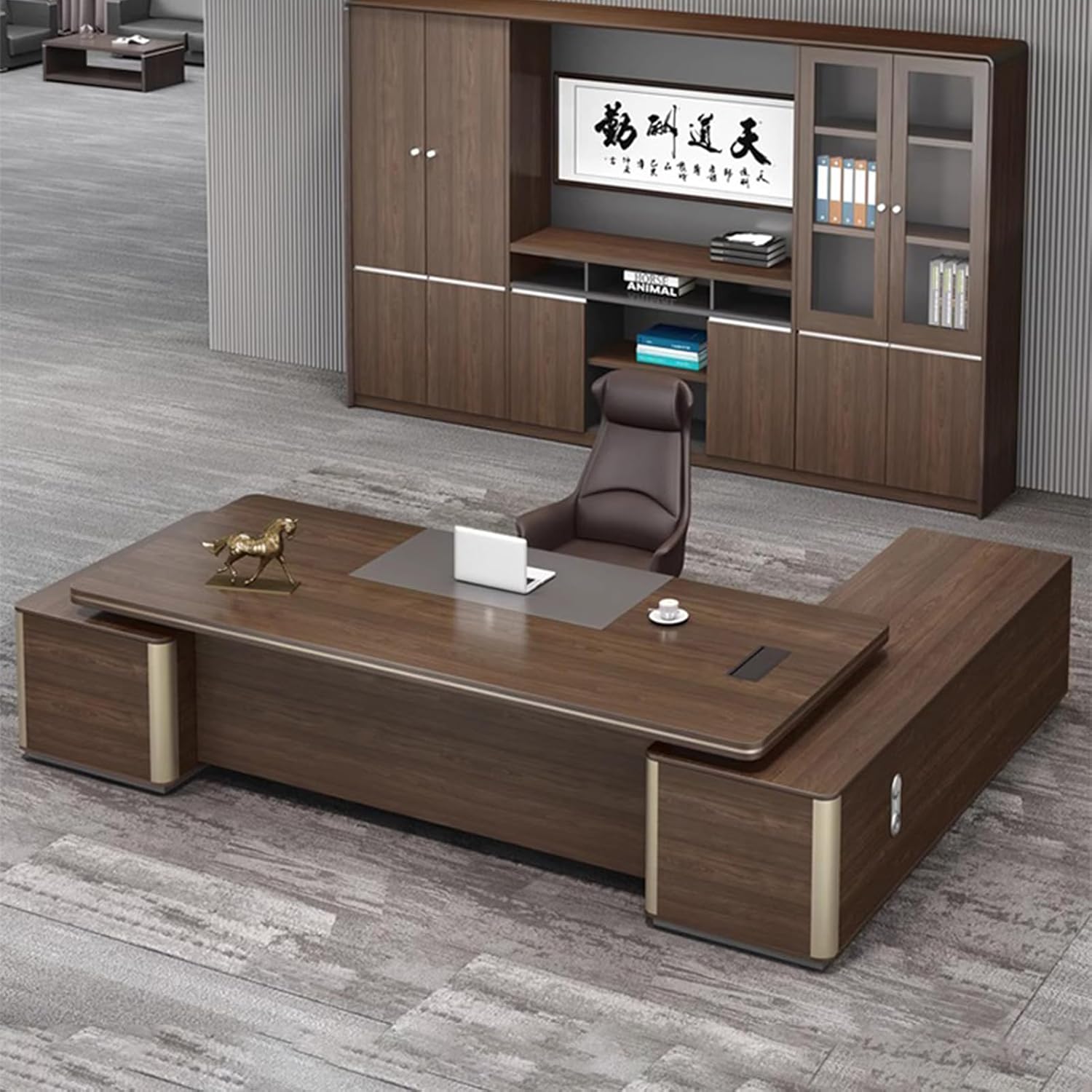Brown L Shaped Executive Office Desk Computer Desk with Lateral Cabinet Study Writing Table Business Furniture Set