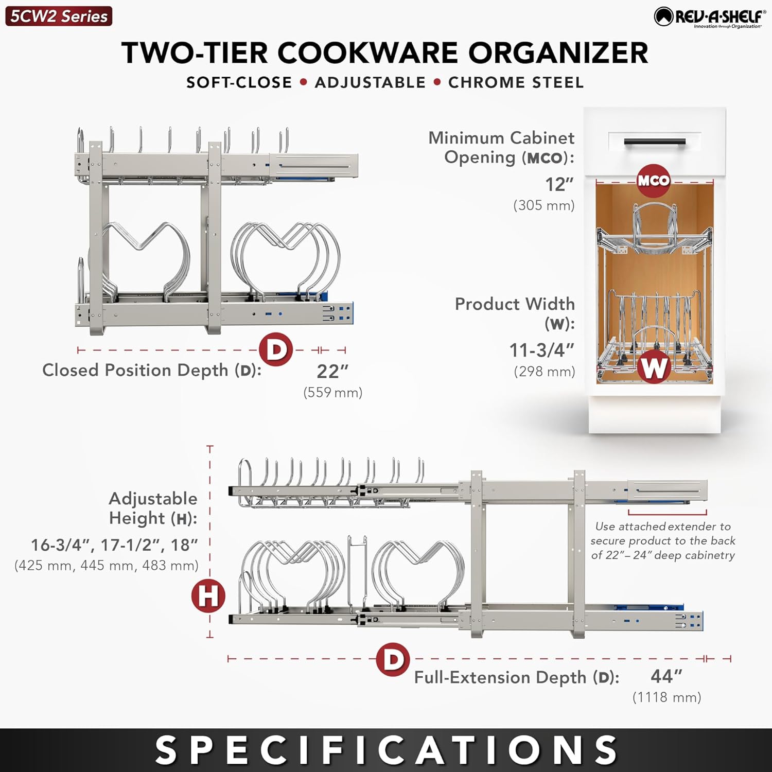 Rev-A-Shelf Two-Tier Steel Wire Pullout Cookware Cabinet Organizer w/Soft-Close