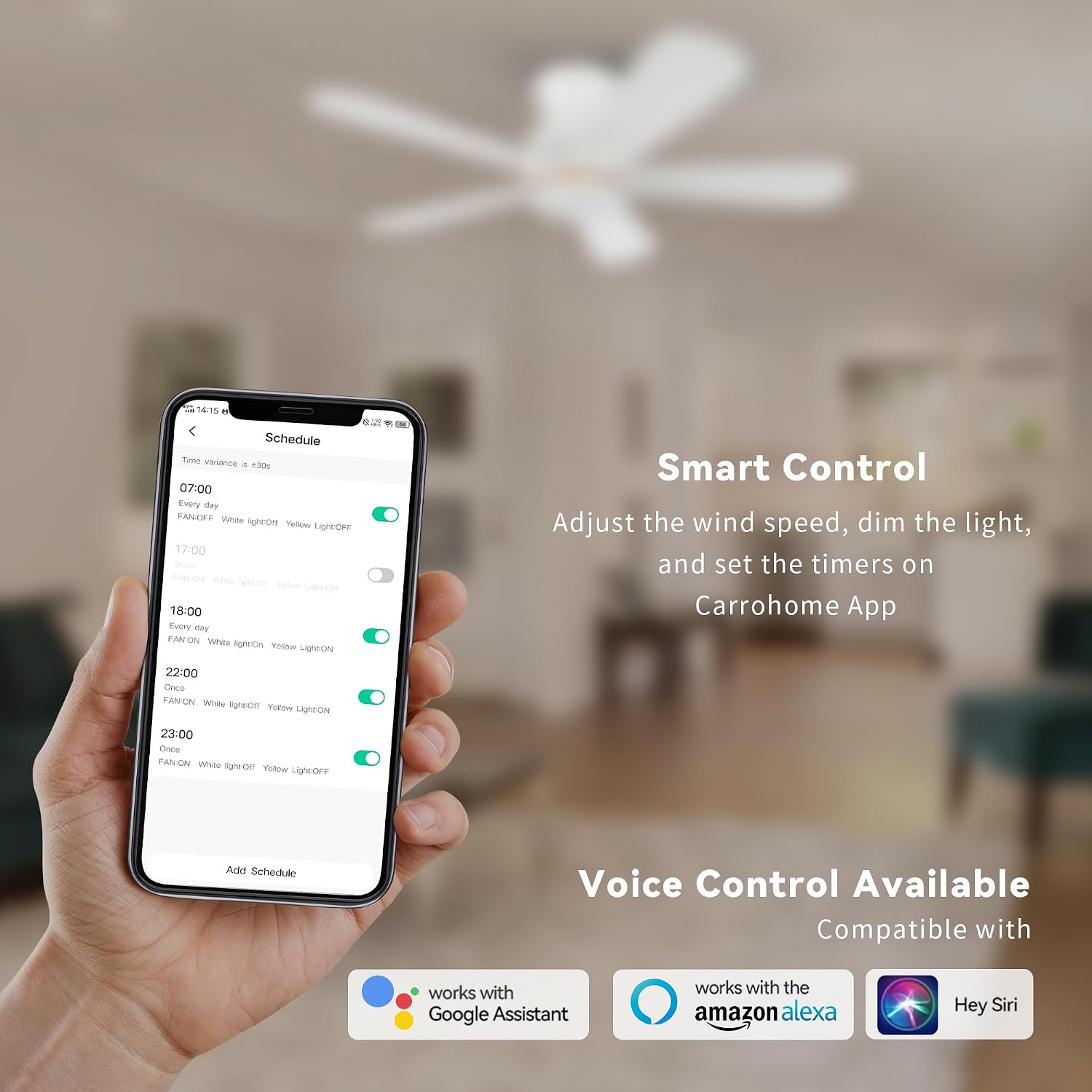 SMAFAN Smart Low Profile Ceiling Fan with Lights, DC 10 Speeds Flush Mount Ceiling Fan with 3 Dimmable LED Light, Compatible with Alexa, Siri & Google Home & APP, 48", White