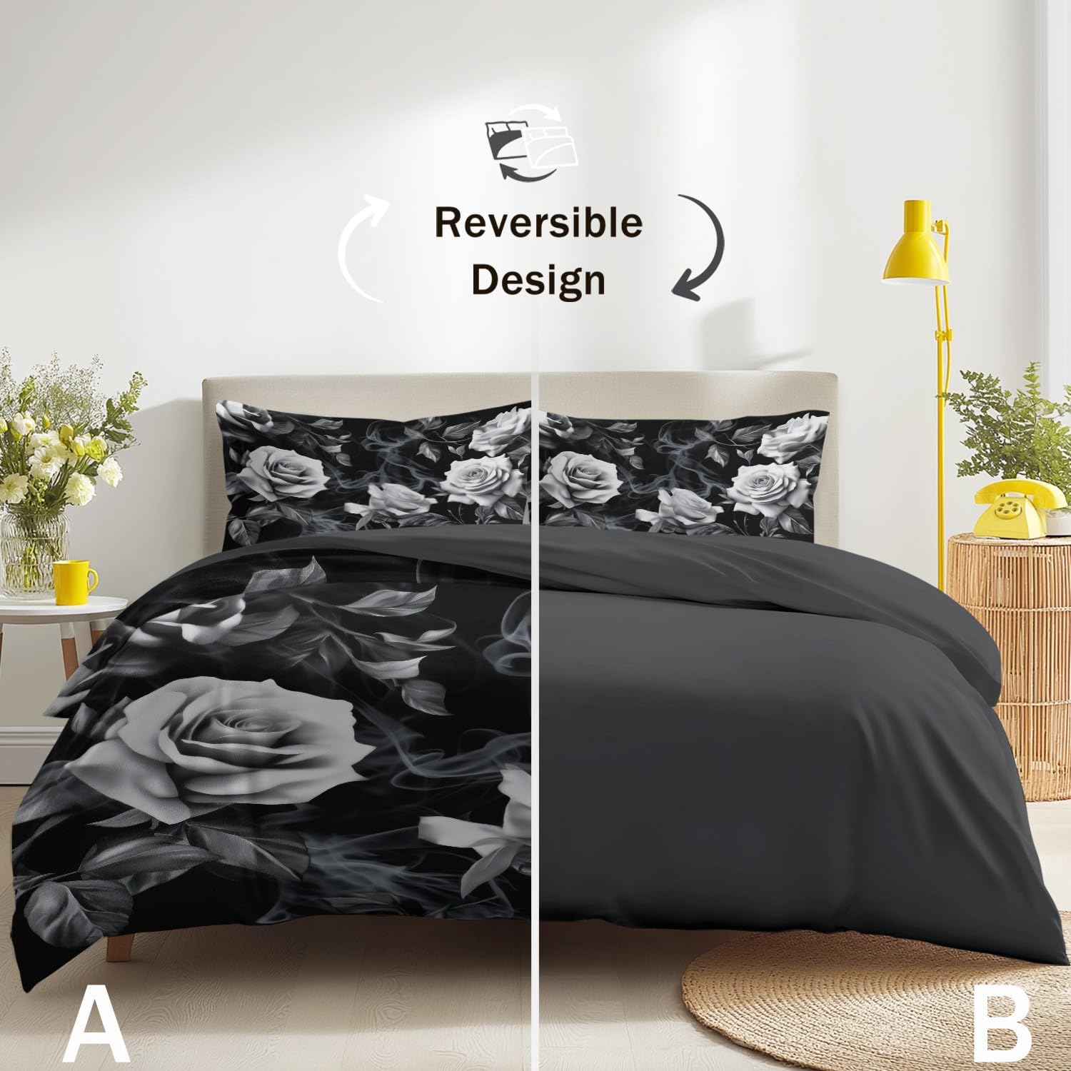 Genérico Poszwa na kołdrę 150-240 x 220 cm, miękka poszwa na kołdrę z mikrofibry, elegancki różowy dym dla dorosłych, czarno-biały, realistyczny, dwustronny, łatwy w pielęgnacji