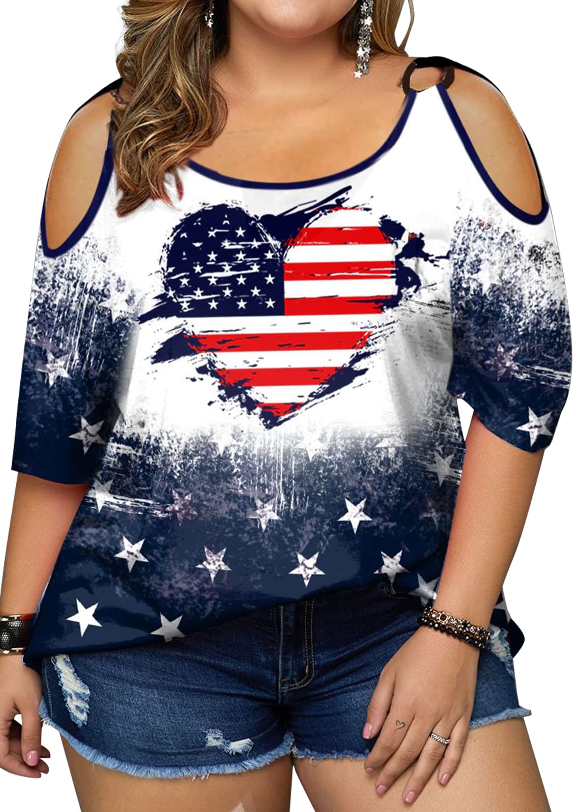 MYHALFPlus Size America Flag Shirt Womens 4th of July Tee USA Flag Tie-Dye Print Shirt Cold Shoulder Patriotic Tee Tops